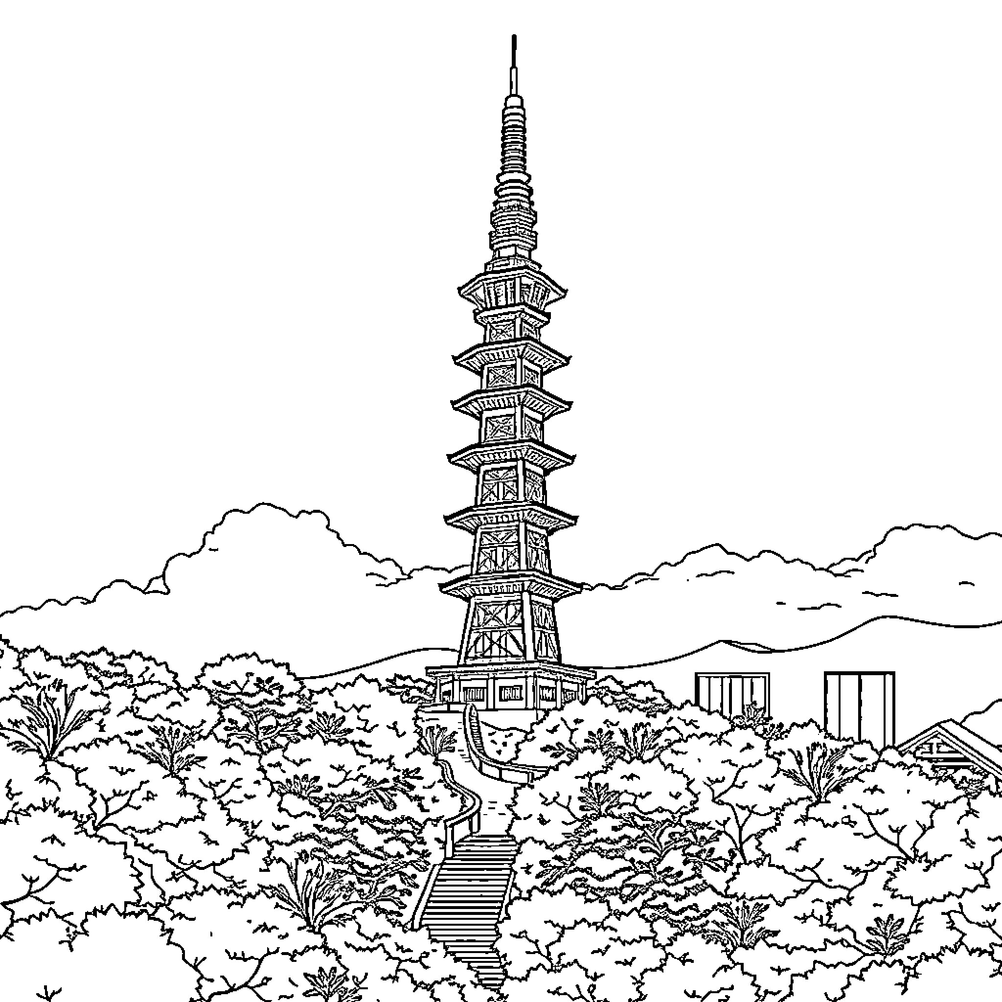 Namsan Tower rising amidst lush foliage and architecture Coloring Page (free black-and-white line drawing printable PDF for all, from beginners to advanced learners, including children, teens, adults, and seniors)