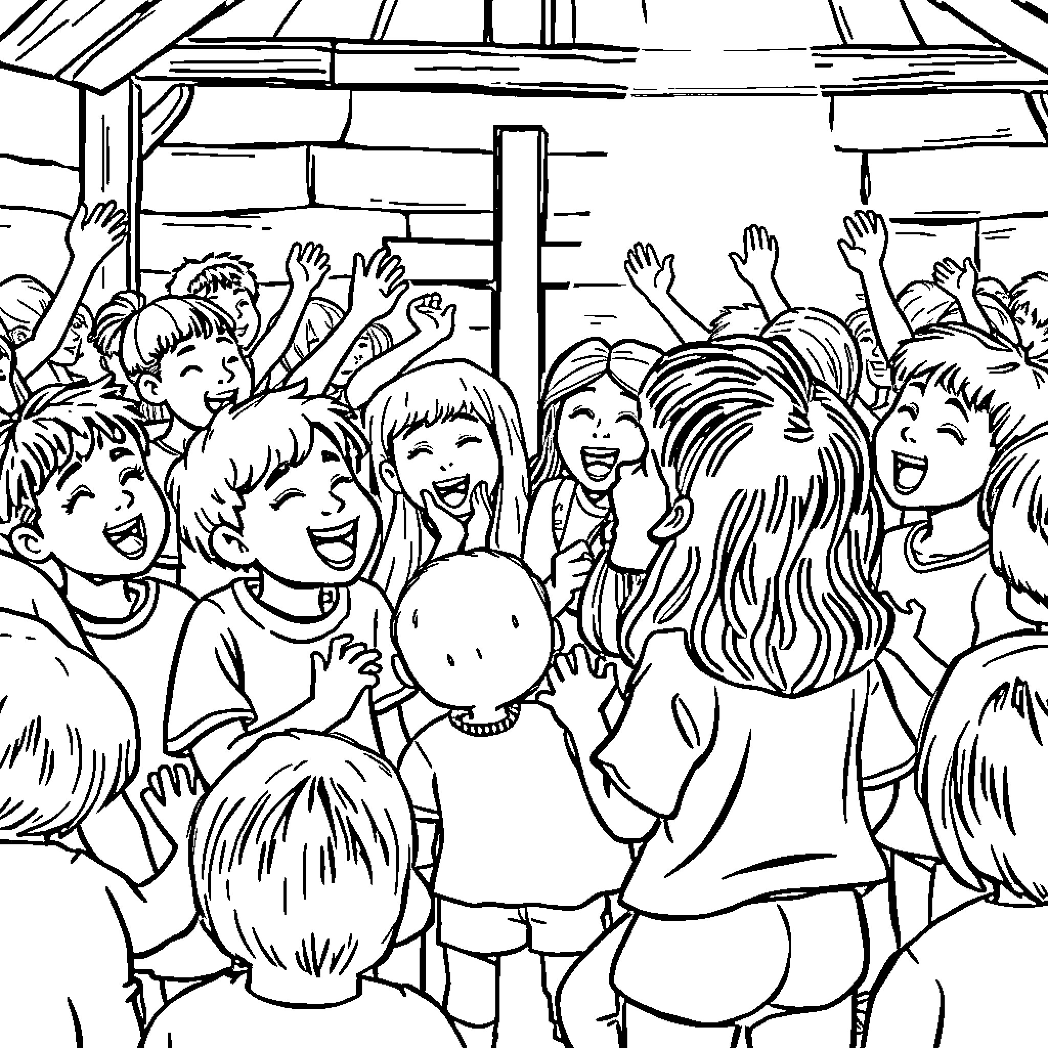 Kid having fun with friends at a party Coloring Page (free black-and-white line drawing printable PDF for all, from beginners to advanced learners, including children, teens, adults, and seniors)