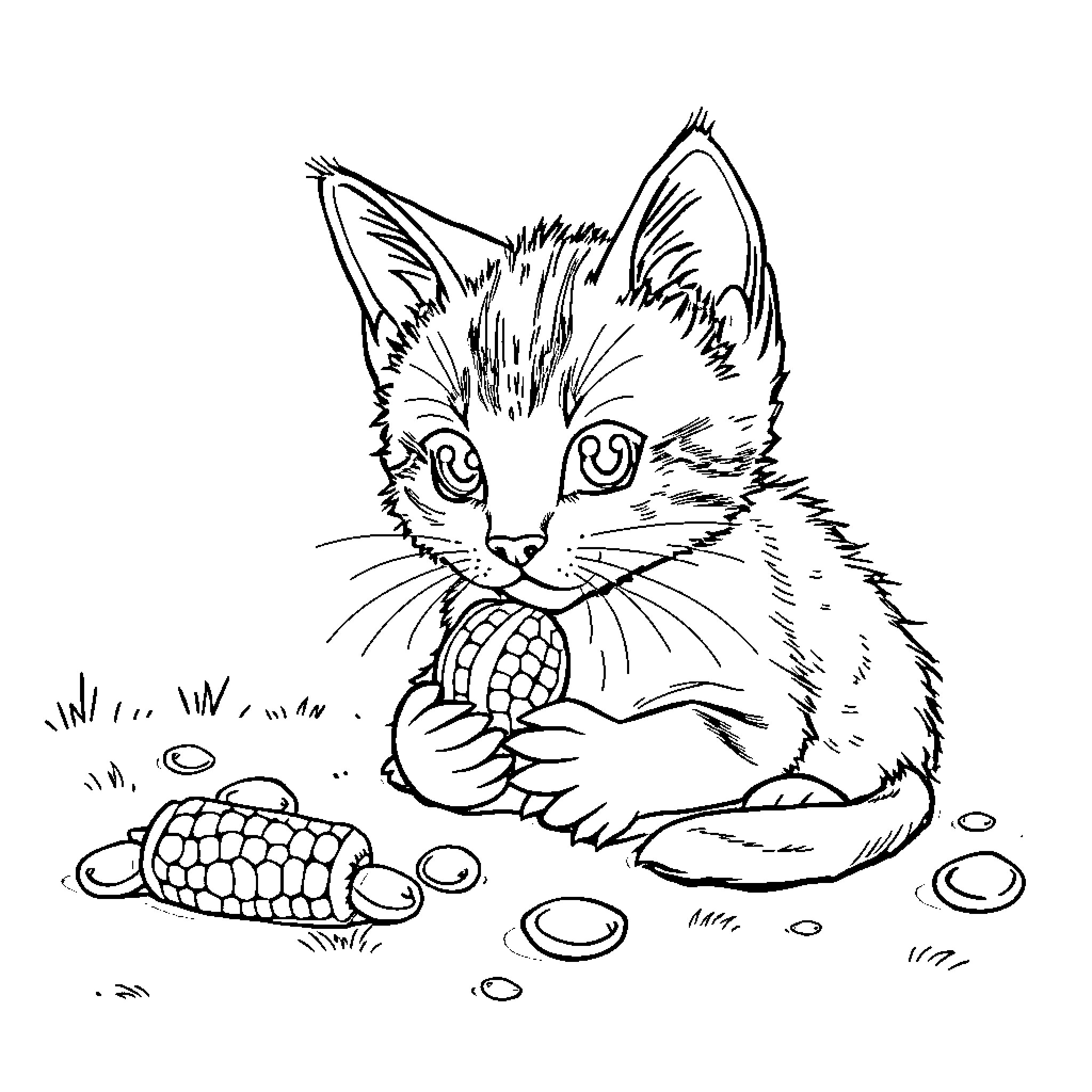 Kitten playing with toys on the floor Coloring Page (free black-and-white line drawing printable PDF for all, from beginners to advanced learners, including children, teens, adults, and seniors)
