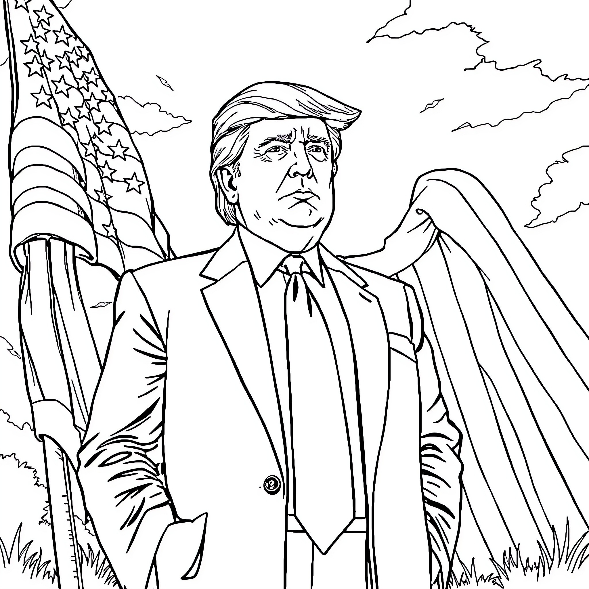 Donald Trump standing with American flag in dramatic pose Coloring Page (free black-and-white line drawing printable PDF for all, from beginners to advanced learners, including children, teens, adults, and seniors)