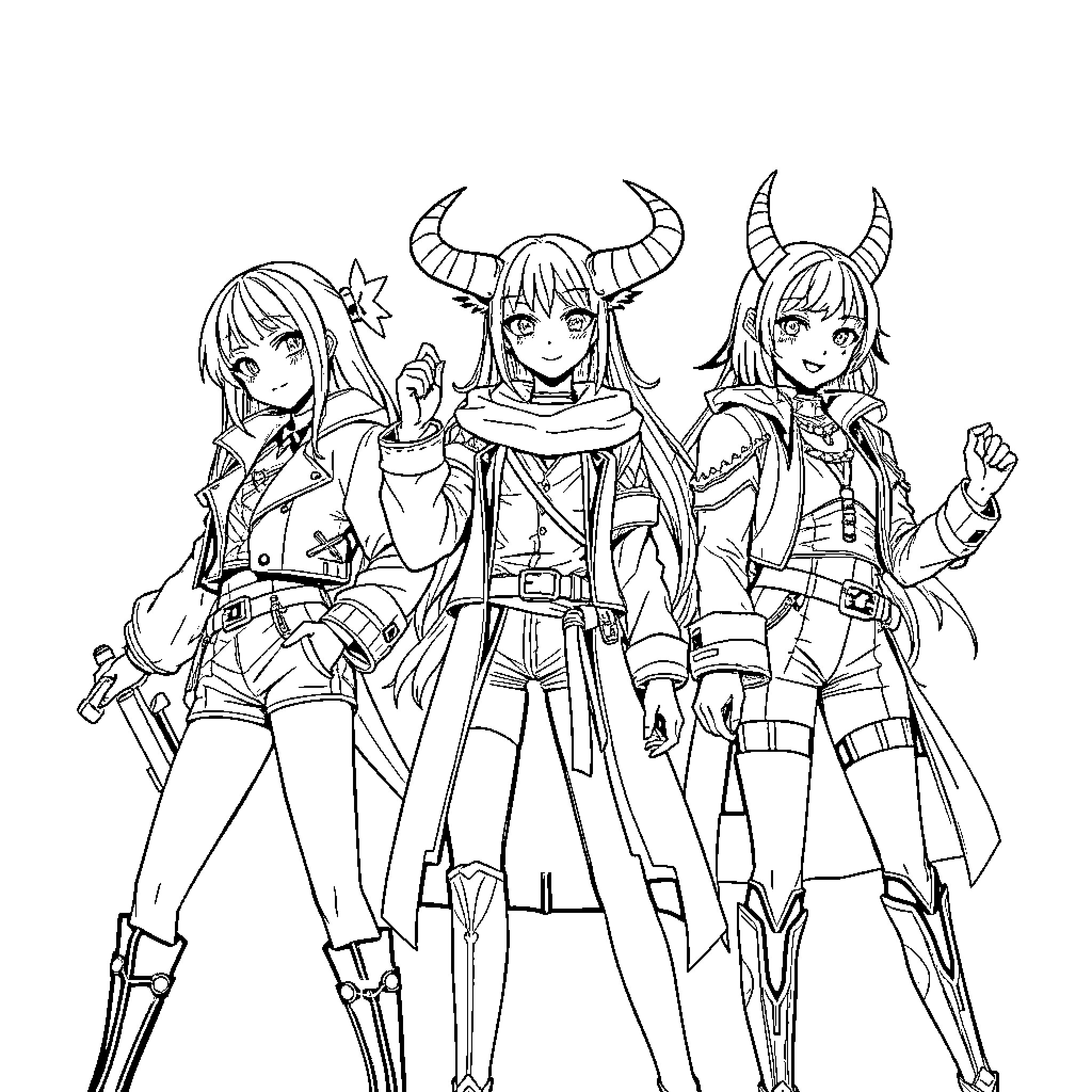 Demon Hunters Wielding Weapons and Horns Coloring Page (free black-and-white line drawing printable PDF for all, from beginners to advanced learners, including children, teens, adults, and seniors)