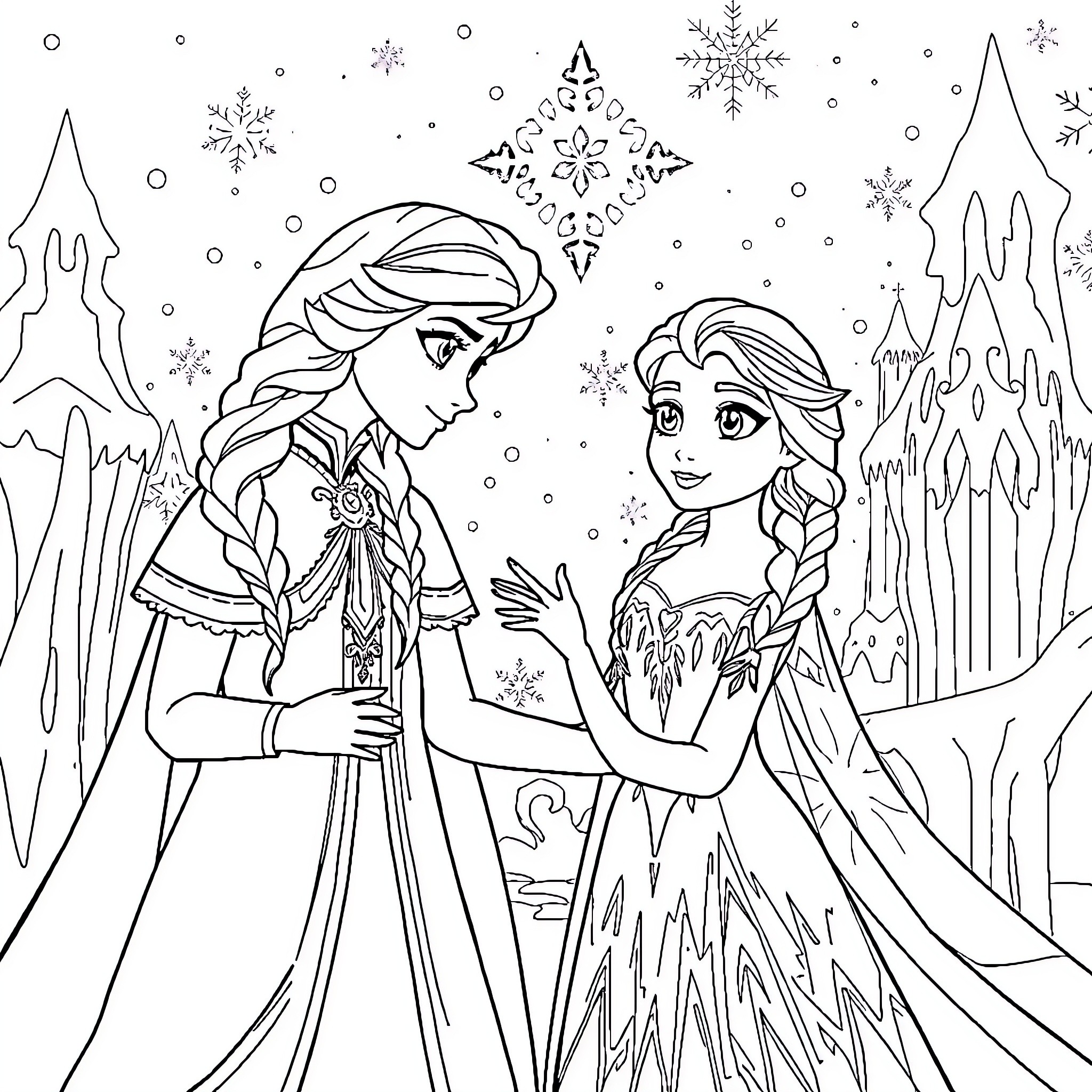 Snow Queen Sisters in Winter Wonderland Coloring Page (free black-and-white line drawing printable PDF for all, from beginners to advanced learners, including children, teens, adults, and seniors)