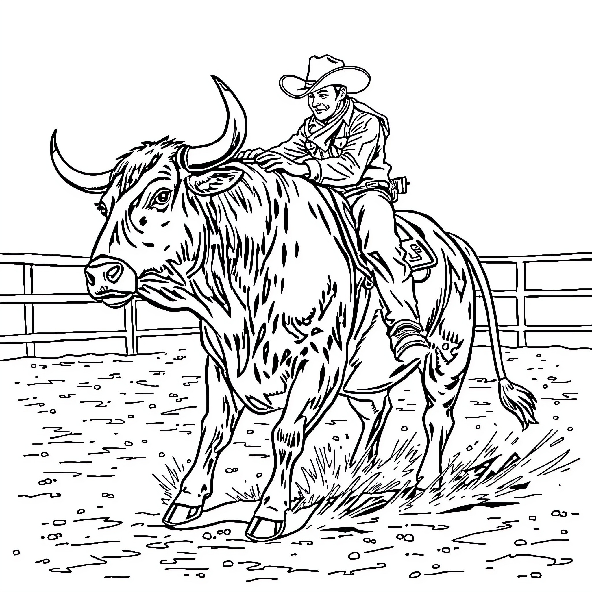 Bull ridden by cowboy in rodeo event Coloring Page (free black-and-white line drawing printable PDF for all, from beginners to advanced learners, including children, teens, adults, and seniors)