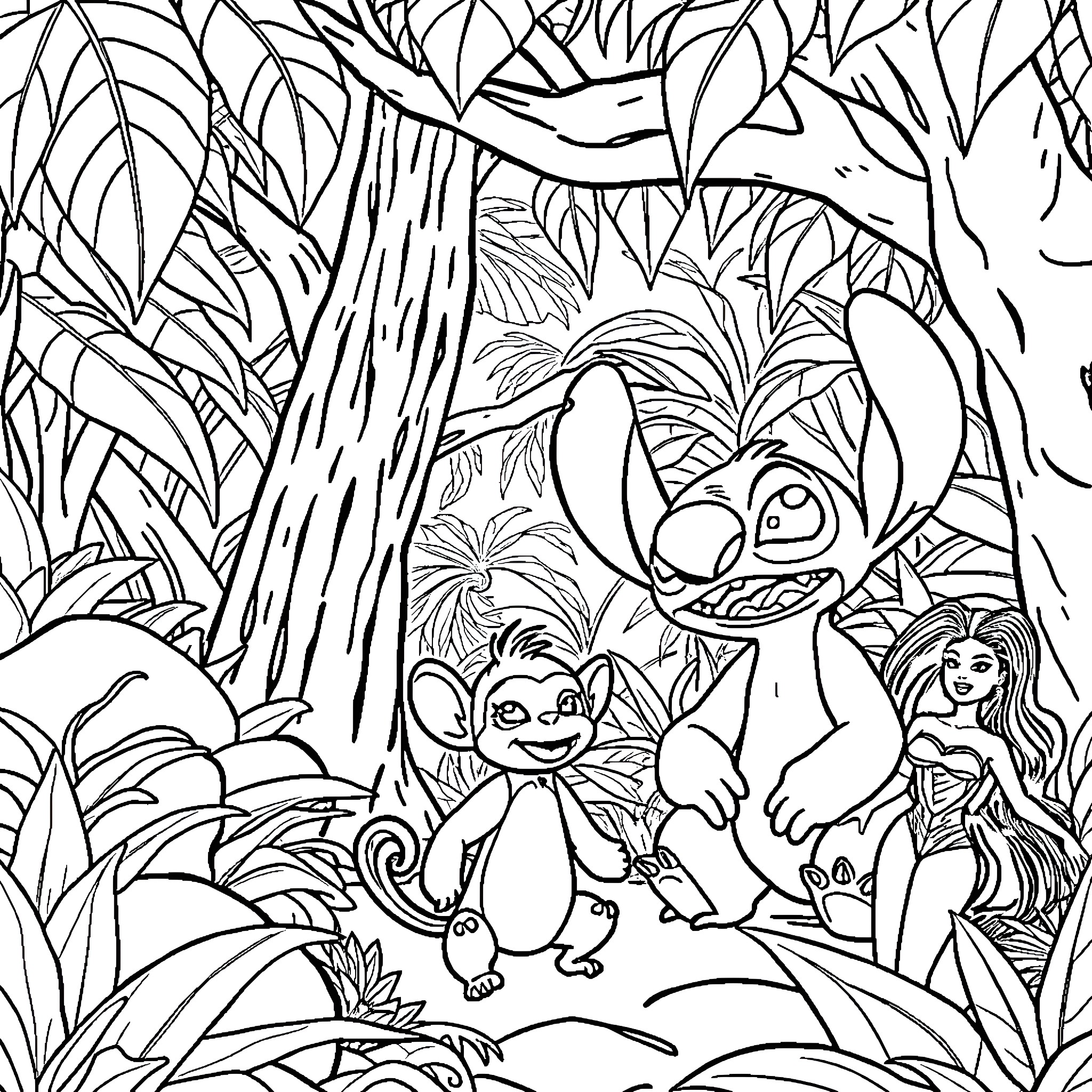Lilo and friends explore the magical jungle Coloring Page (free black-and-white line drawing printable PDF for all, from beginners to advanced learners, including children, teens, adults, and seniors)