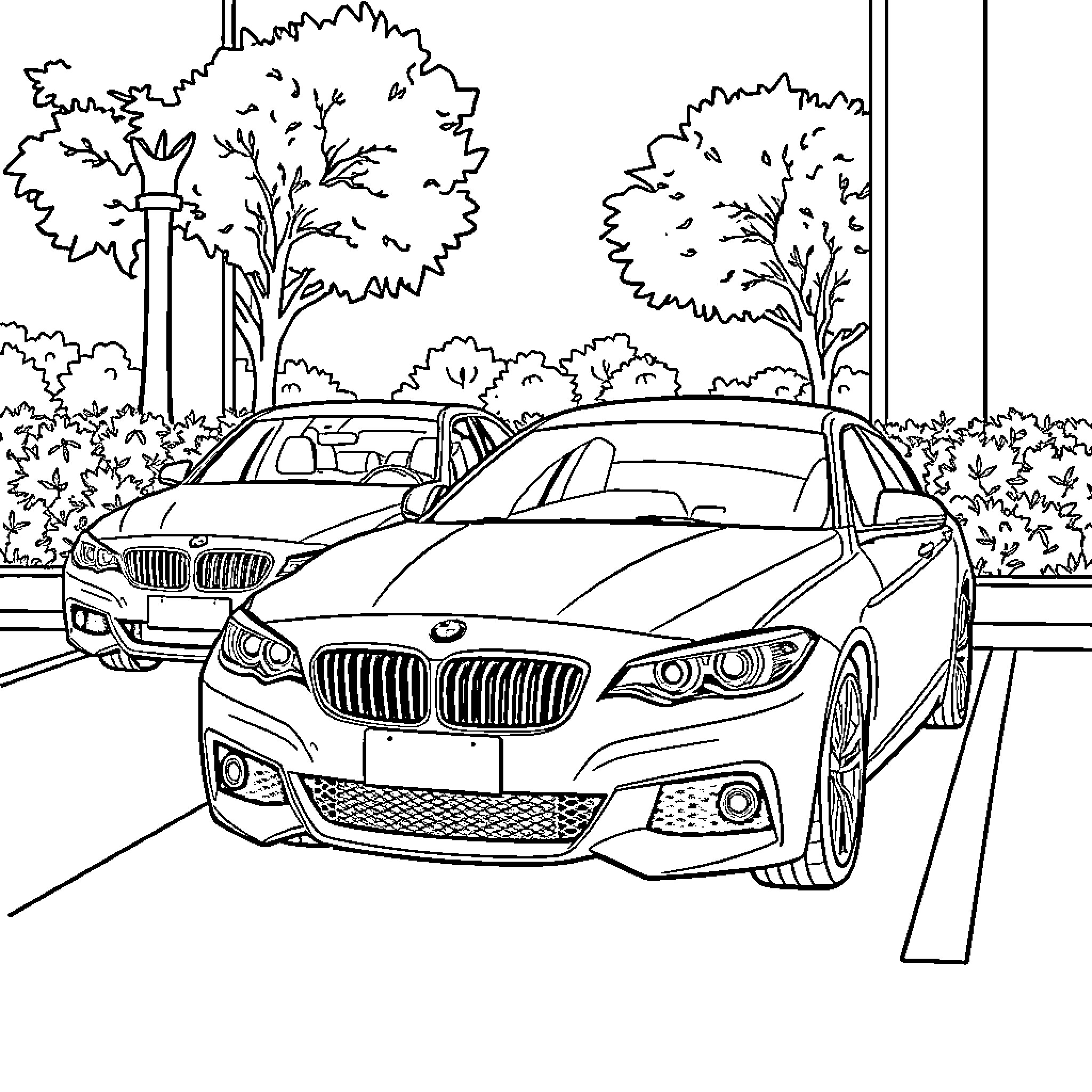 Car parked on the street in a park-like setting Coloring Page (free black-and-white line drawing printable PDF for all, from beginners to advanced learners, including children, teens, adults, and seniors)