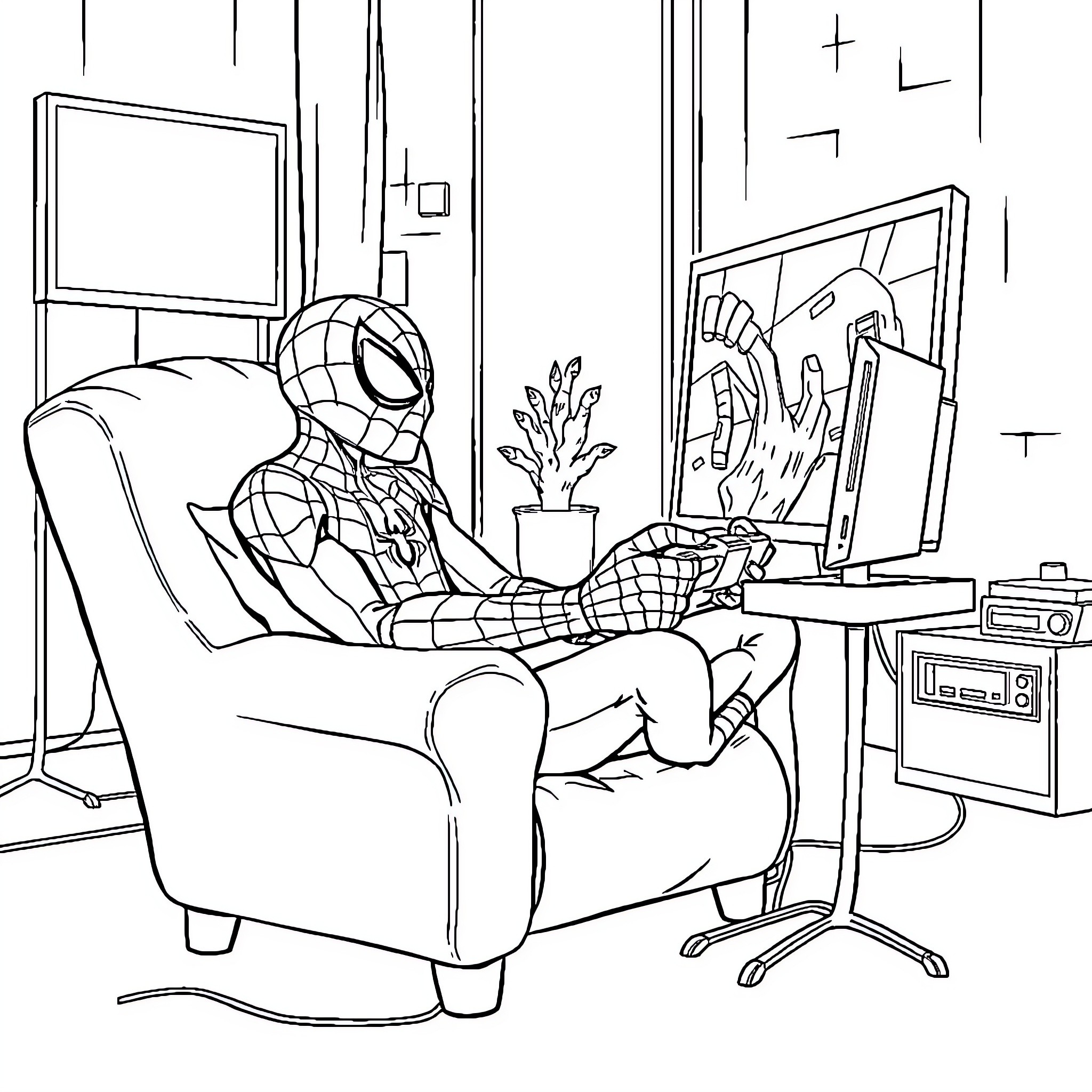 Spiderman relaxing at home with technology Coloring Page (free black-and-white line drawing printable PDF for all, from beginners to advanced learners, including children, teens, adults, and seniors)