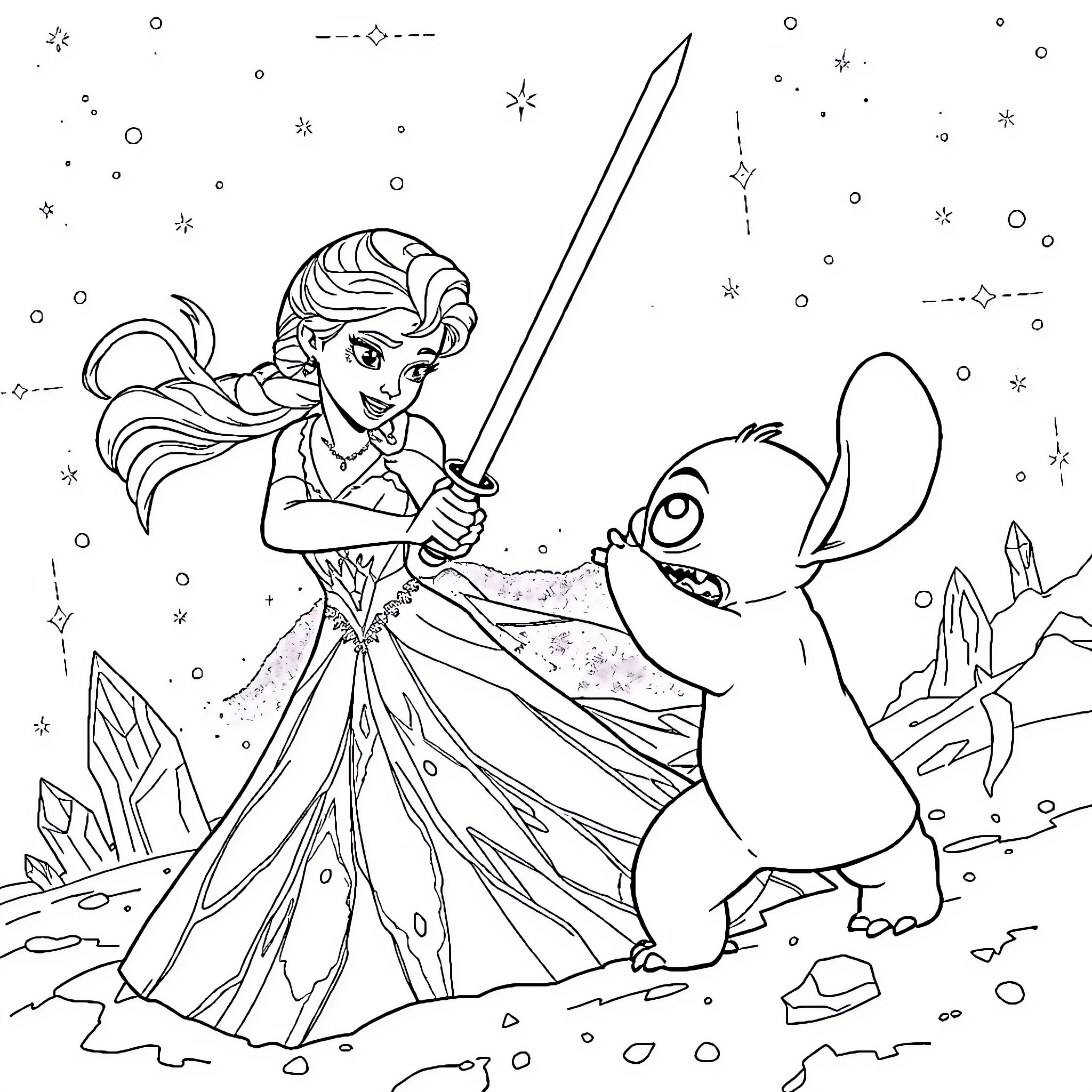 Elsa's Snowy Adventure with Stitch Coloring Page (free black-and-white line drawing printable PDF for all, from beginners to advanced learners, including children, teens, adults, and seniors)