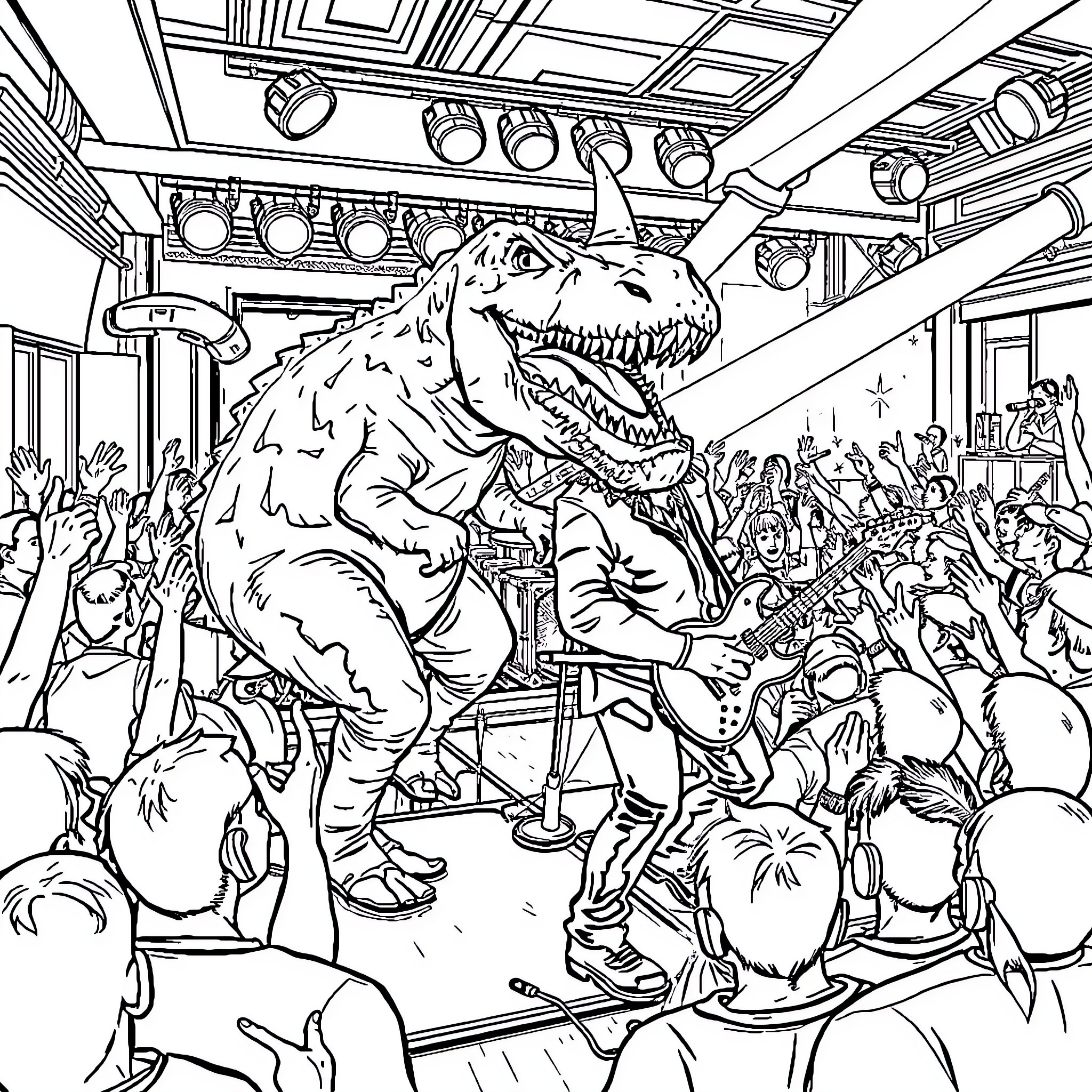 Heavysaurus Performing on Stage with Audience Coloring Page (free black-and-white line drawing printable PDF for all, from beginners to advanced learners, including children, teens, adults, and seniors)