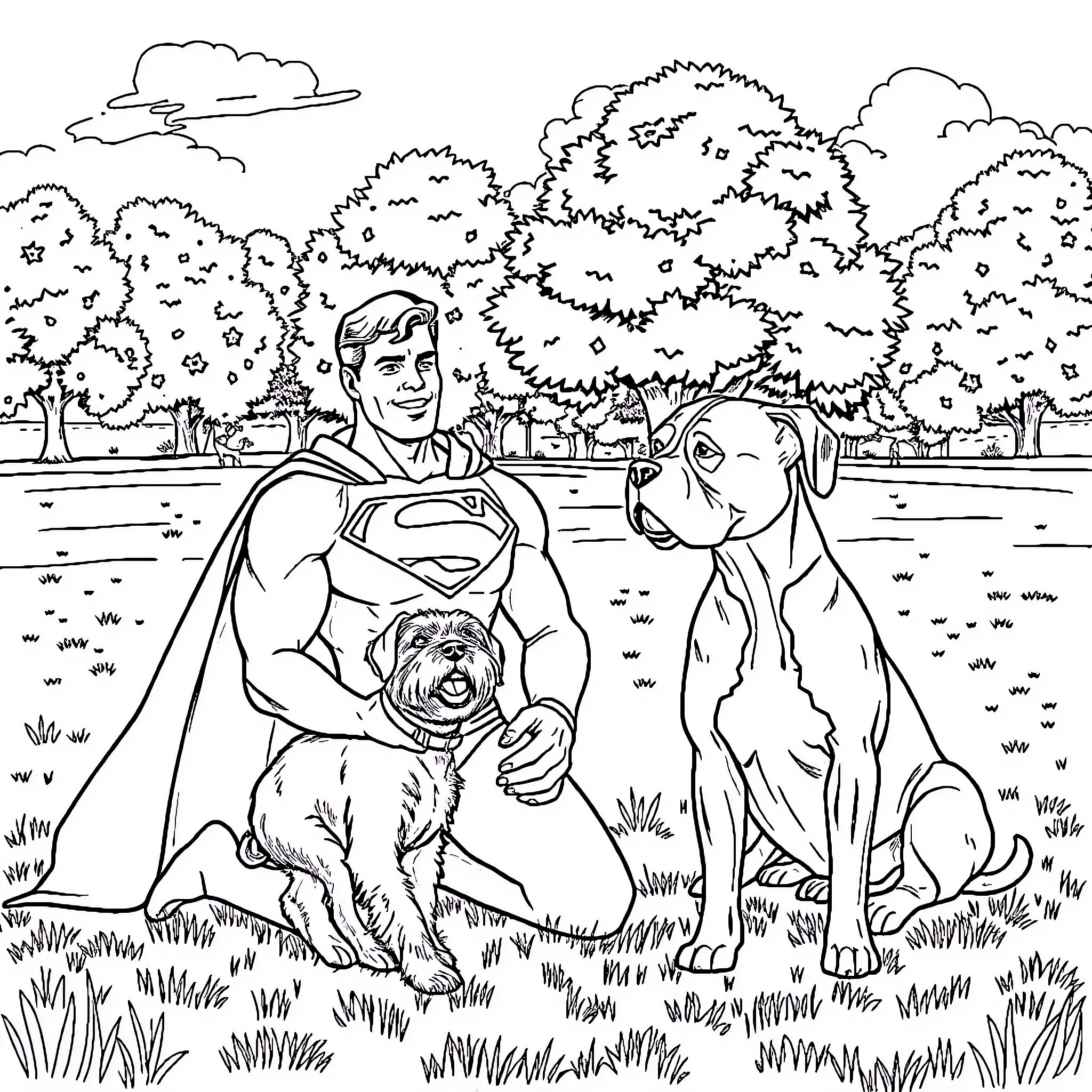 Superman's Friendly Encounter with a Furry Companion Coloring Page (free black-and-white line drawing printable PDF for all, from beginners to advanced learners, including children, teens, adults, and seniors)