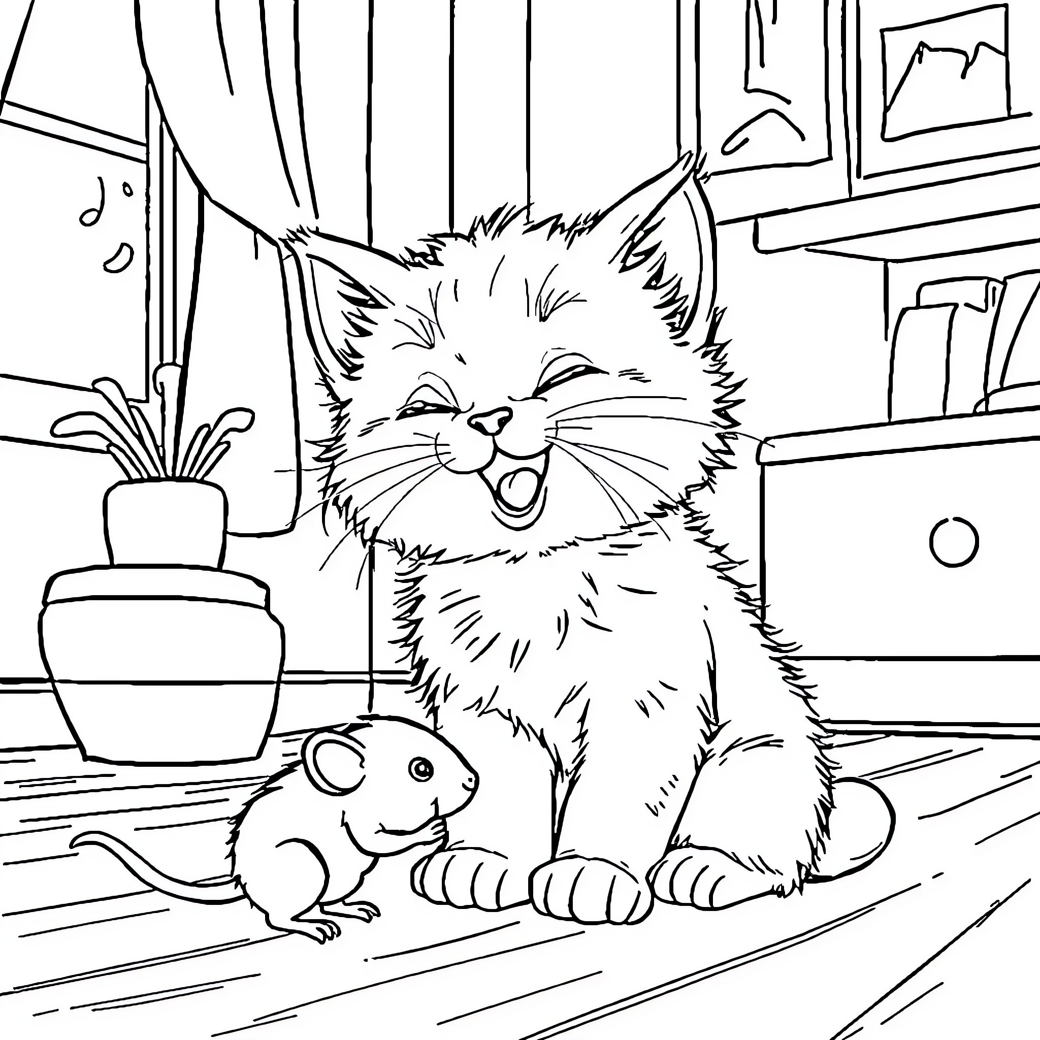 Kitten playing with hamster in cozy room Coloring Page (free black-and-white line drawing printable PDF for all, from beginners to advanced learners, including children, teens, adults, and seniors)