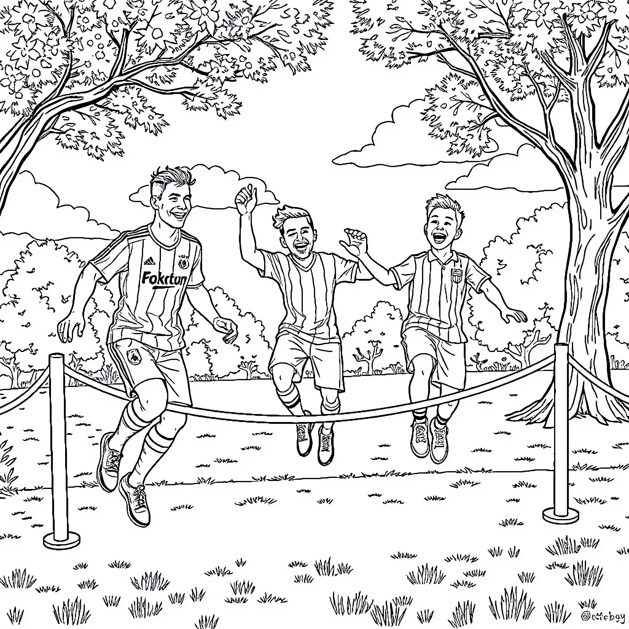 Football Players Celebrating Victory on Field Coloring Page (free black-and-white line drawing printable PDF for all, from beginners to advanced learners, including children, teens, adults, and seniors)