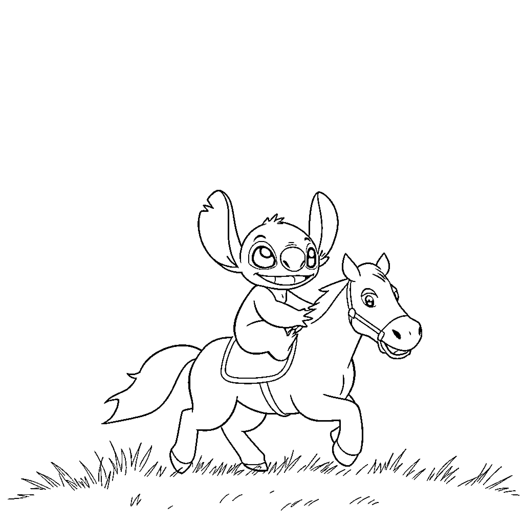 Stitch riding a horse in the grass Coloring Page (free black-and-white line drawing printable PDF for all, from beginners to advanced learners, including children, teens, adults, and seniors)