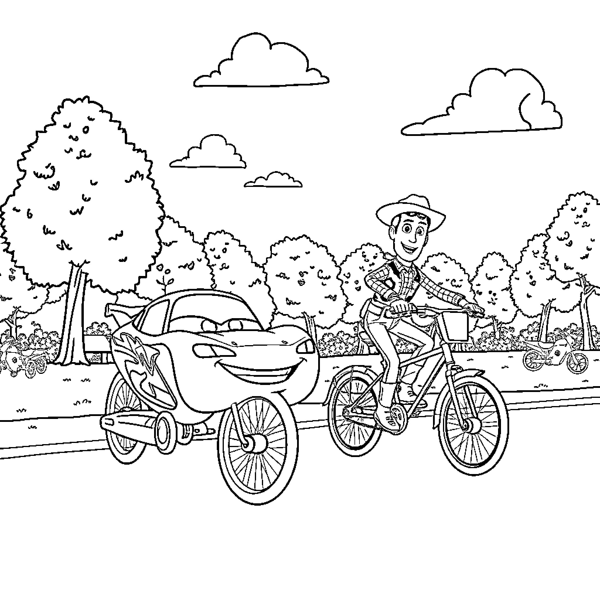 Lightning McQueen enjoying a bike ride with friends Coloring Page (free black-and-white line drawing printable PDF for all, from beginners to advanced learners, including children, teens, adults, and seniors)