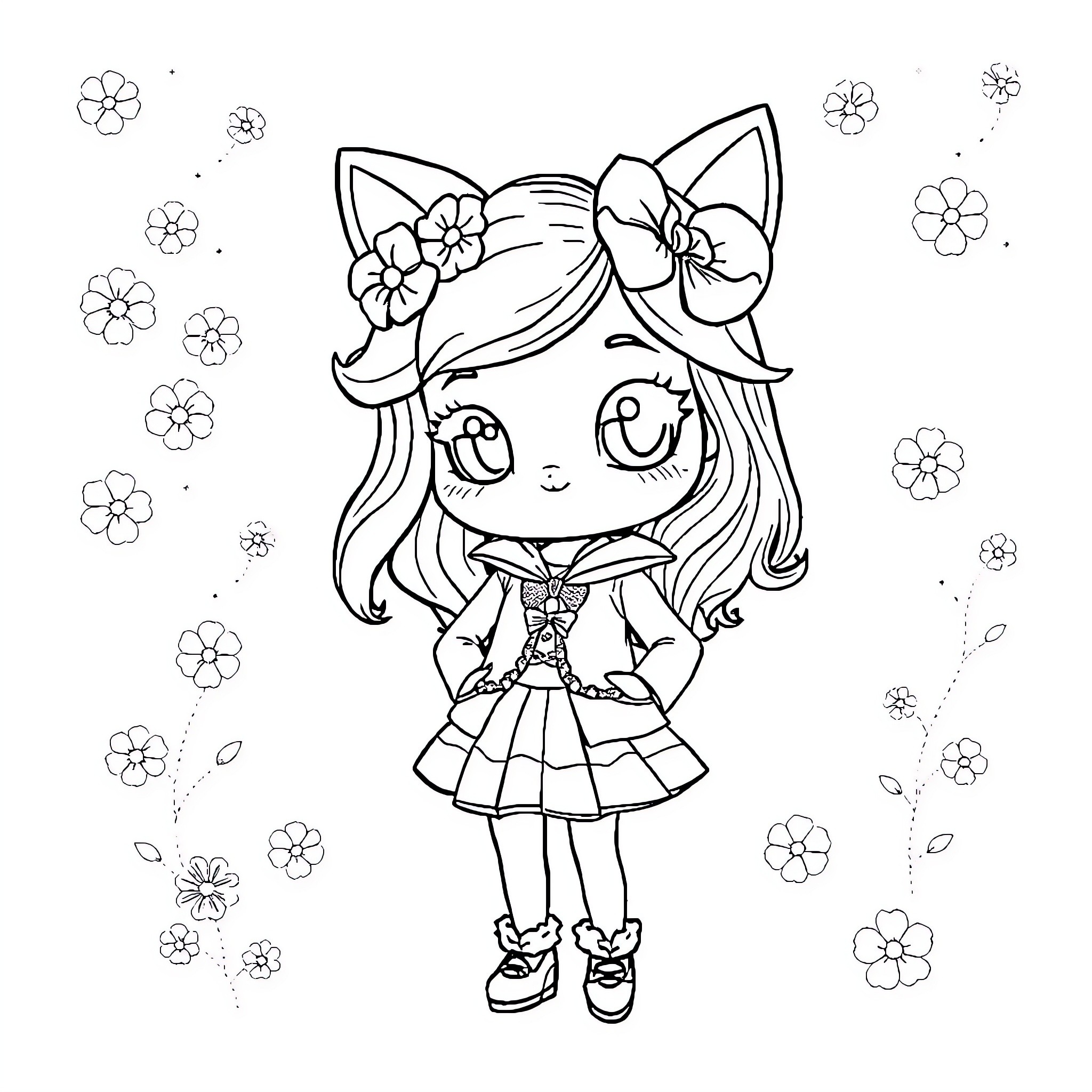 Doll Clothing with Cute Expressions and Floral Accents Coloring Page (free black-and-white line drawing printable PDF for all, from beginners to advanced learners, including children, teens, adults, and seniors)