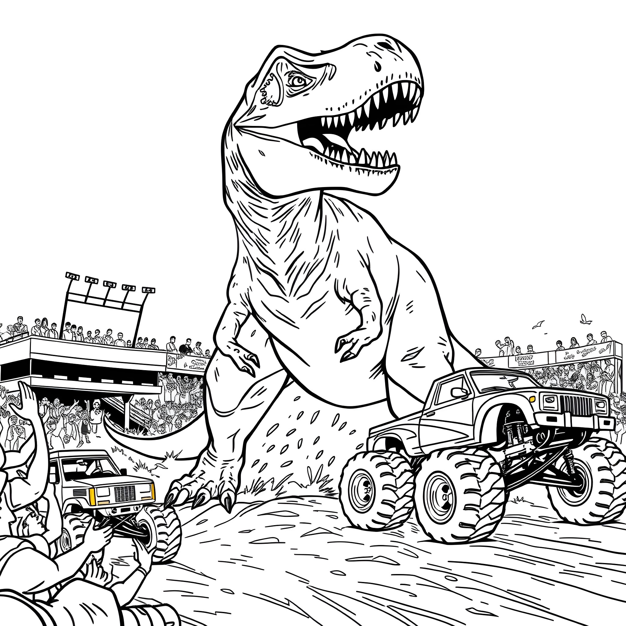 T-Rex Stomping Through Monster Truck Rally Coloring Page (free black-and-white line drawing printable PDF for all, from beginners to advanced learners, including children, teens, adults, and seniors)