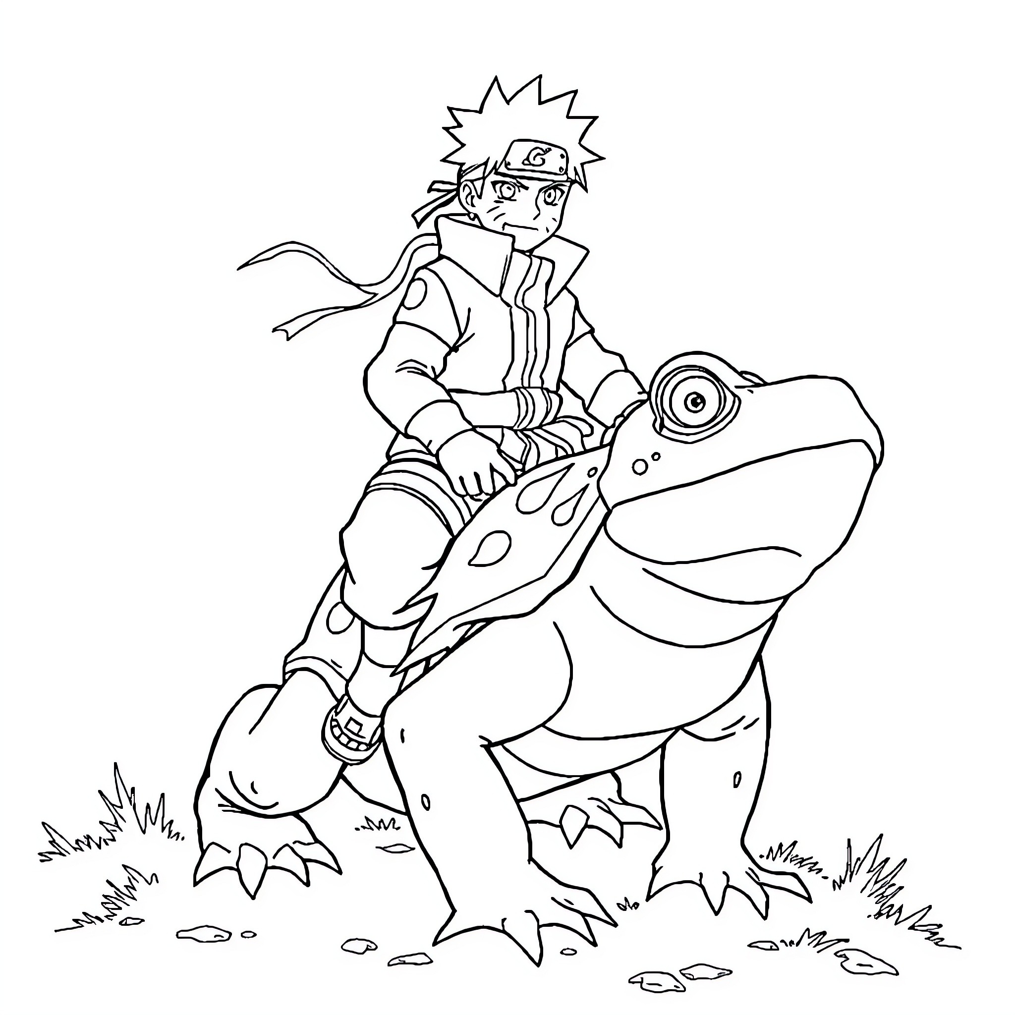 Naruto riding a giant frog companion Coloring Page (free black-and-white line drawing printable PDF for all, from beginners to advanced learners, including children, teens, adults, and seniors)
