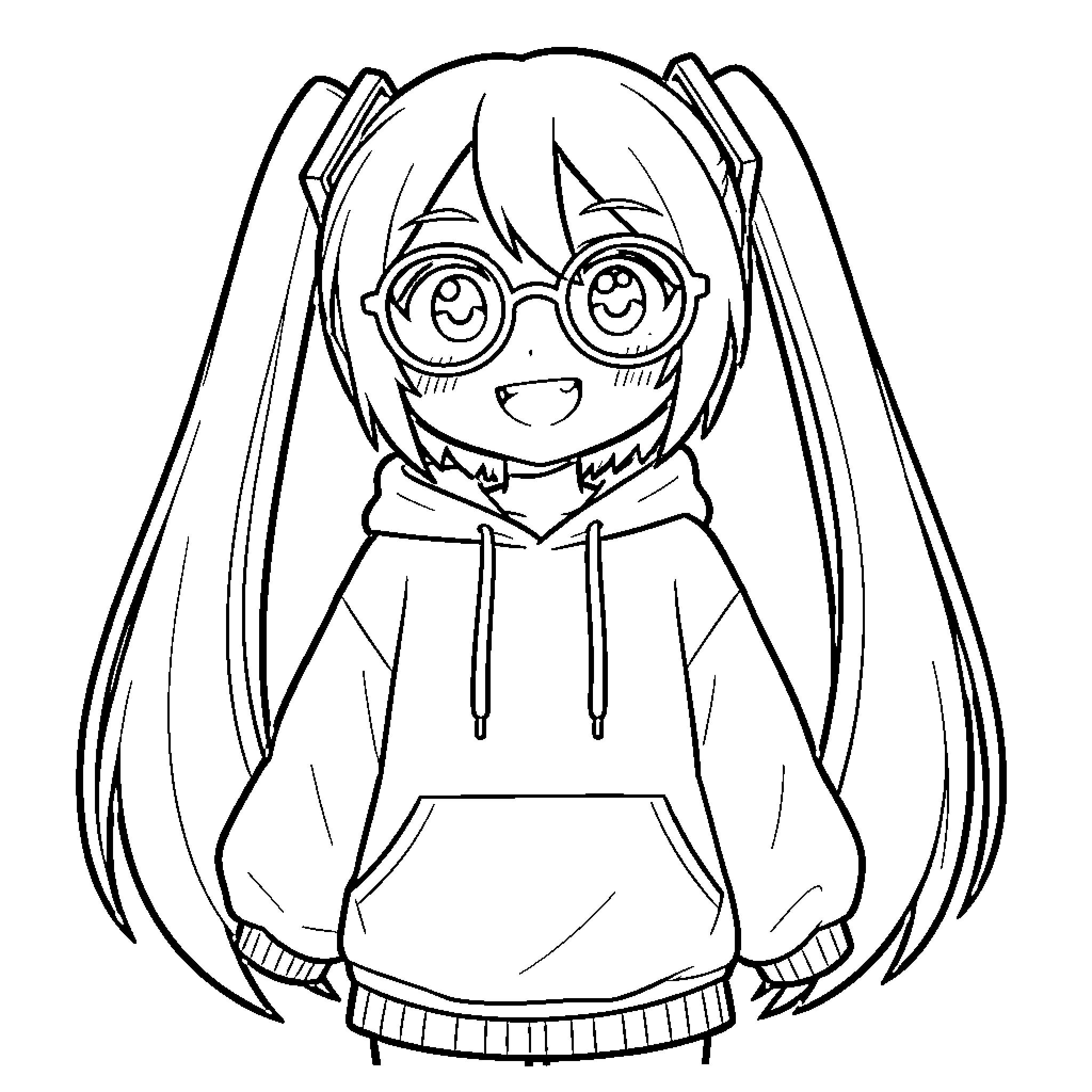 Miku Smiling Joyfully in Casual Outfit Coloring Page (free black-and-white line drawing printable PDF for all, from beginners to advanced learners, including children, teens, adults, and seniors)