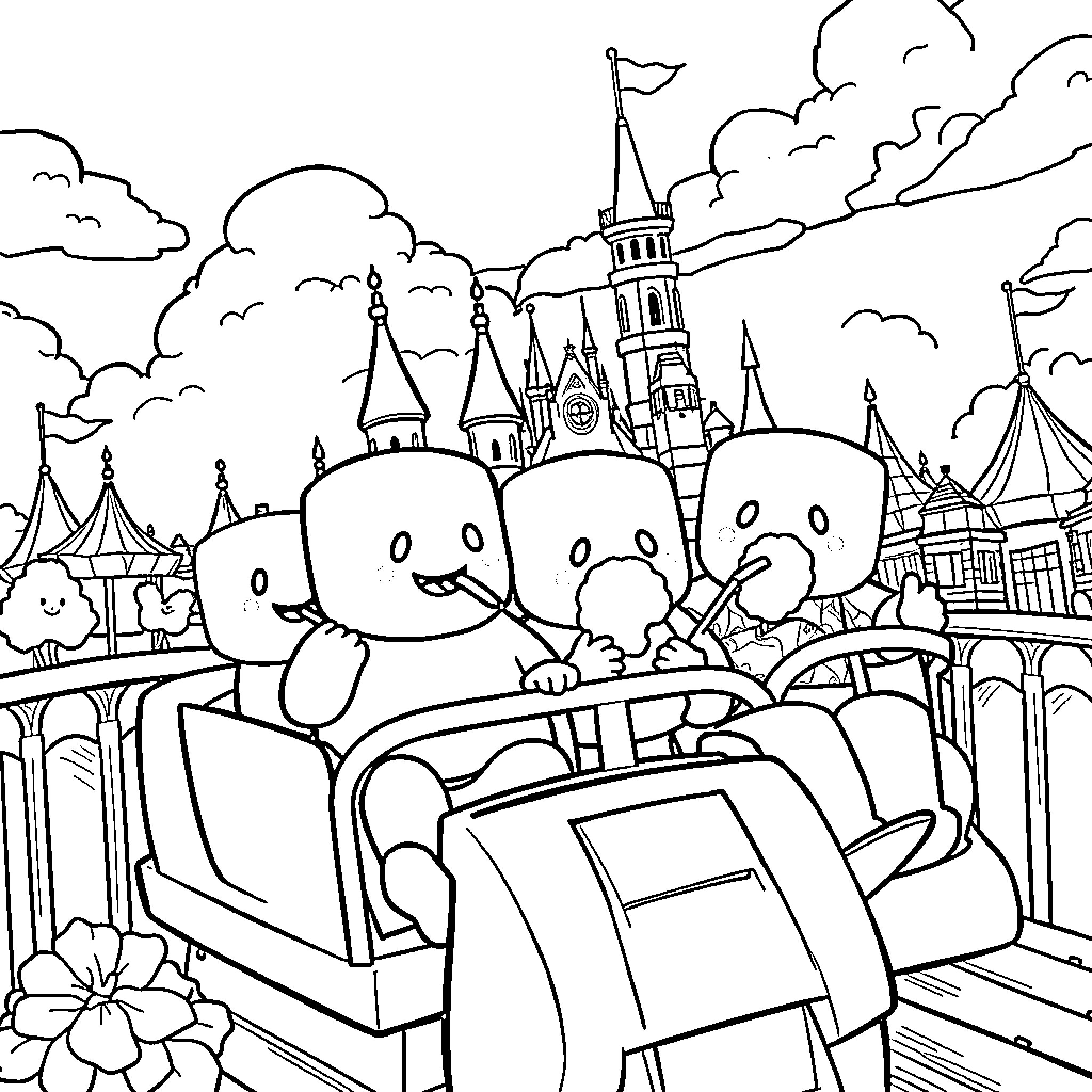 Marshmallow characters enjoying a ride at the amusement park Coloring Page (free black-and-white line drawing printable PDF for all, from beginners to advanced learners, including children, teens, adults, and seniors)