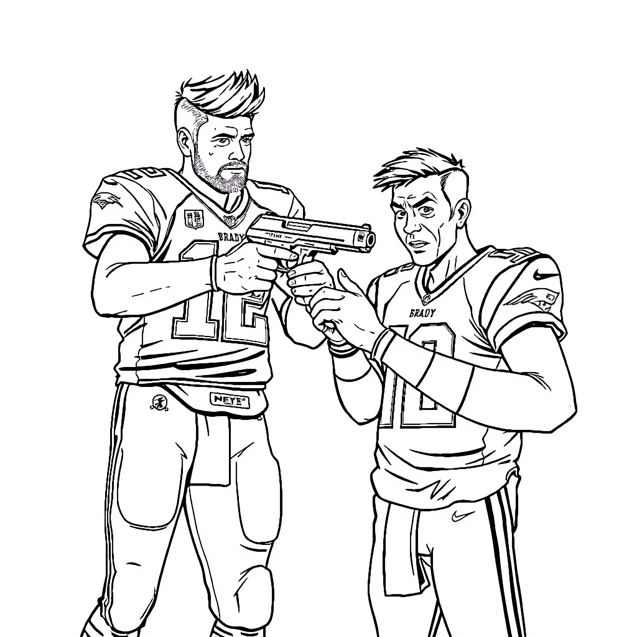Josh Allen and teammate in football uniforms Coloring Page (free black-and-white line drawing printable PDF for all, from beginners to advanced learners, including children, teens, adults, and seniors)