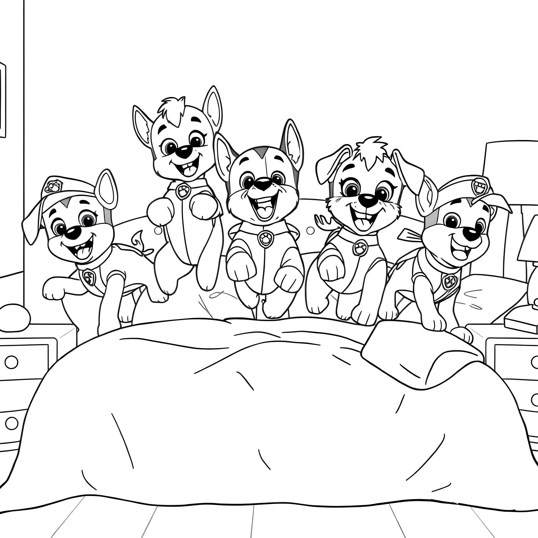 Paw Patrol puppies on a big bed Coloring Page (free black-and-white line drawing printable PDF for all, from beginners to advanced learners, including children, teens, adults, and seniors)