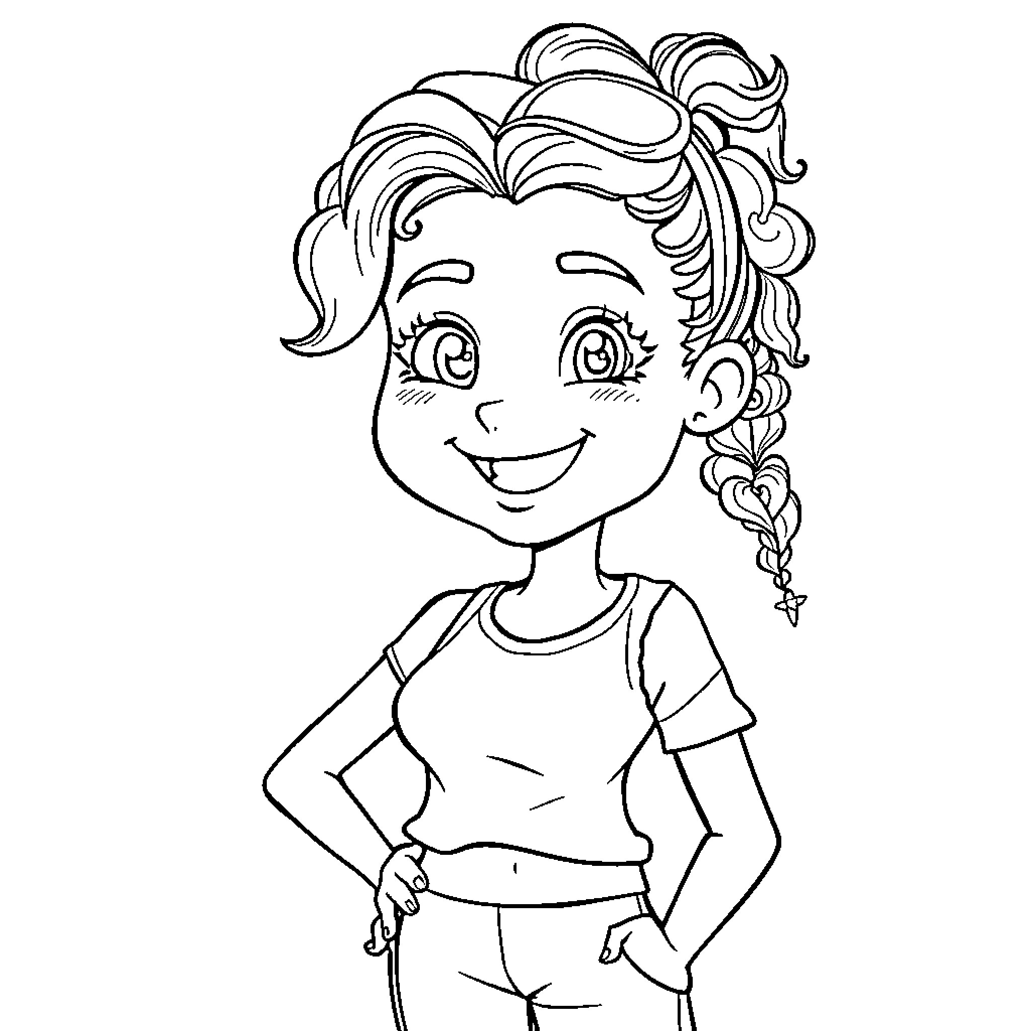 Teacher with happy expression and curly hairstyle Coloring Page (free black-and-white line drawing printable PDF for all, from beginners to advanced learners, including children, teens, adults, and seniors)