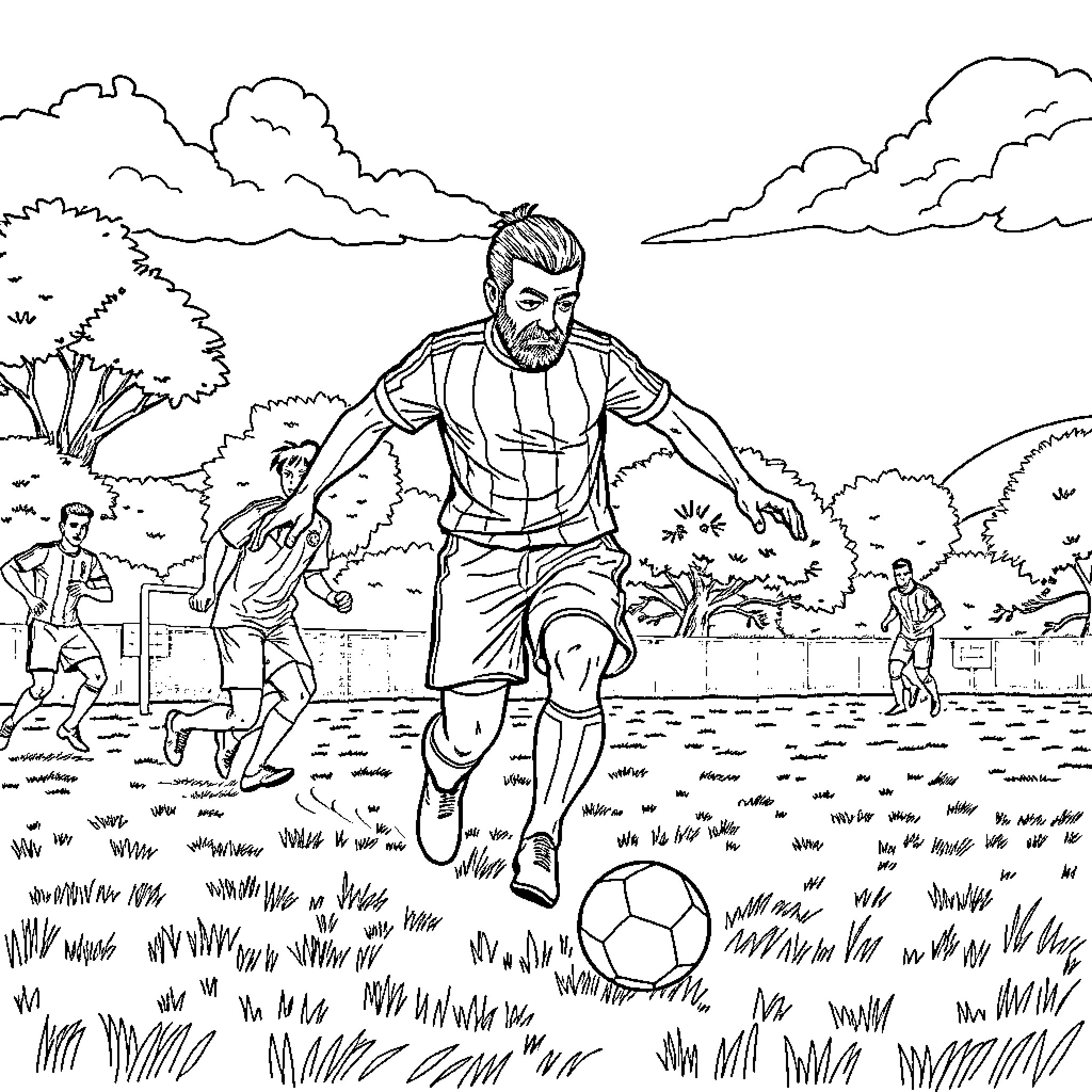 Spider-Man playing soccer in the park Coloring Page (free black-and-white line drawing printable PDF for all, from beginners to advanced learners, including children, teens, adults, and seniors)