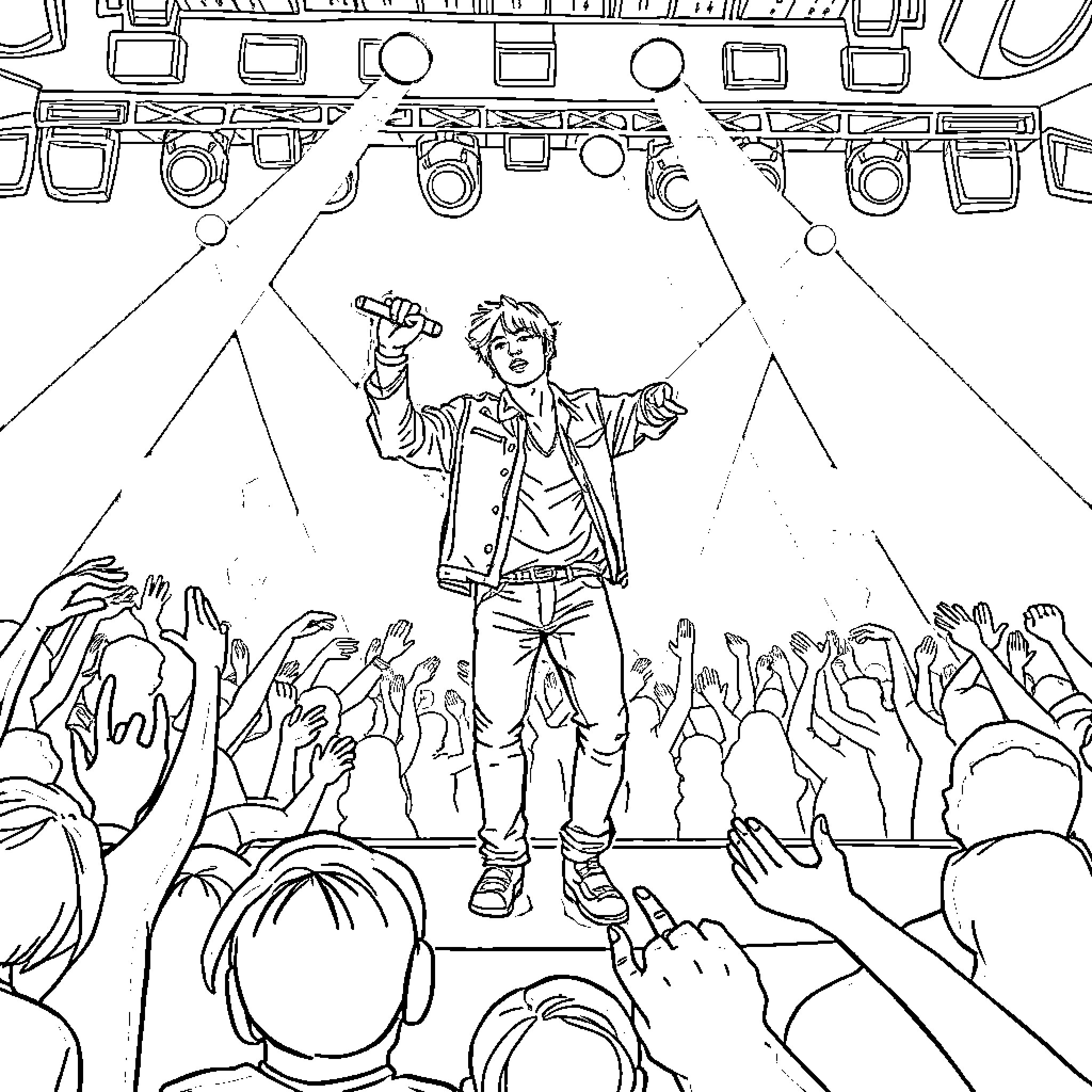 Bj Alex performing on stage with crowd Coloring Page (free black-and-white line drawing printable PDF for all, from beginners to advanced learners, including children, teens, adults, and seniors)