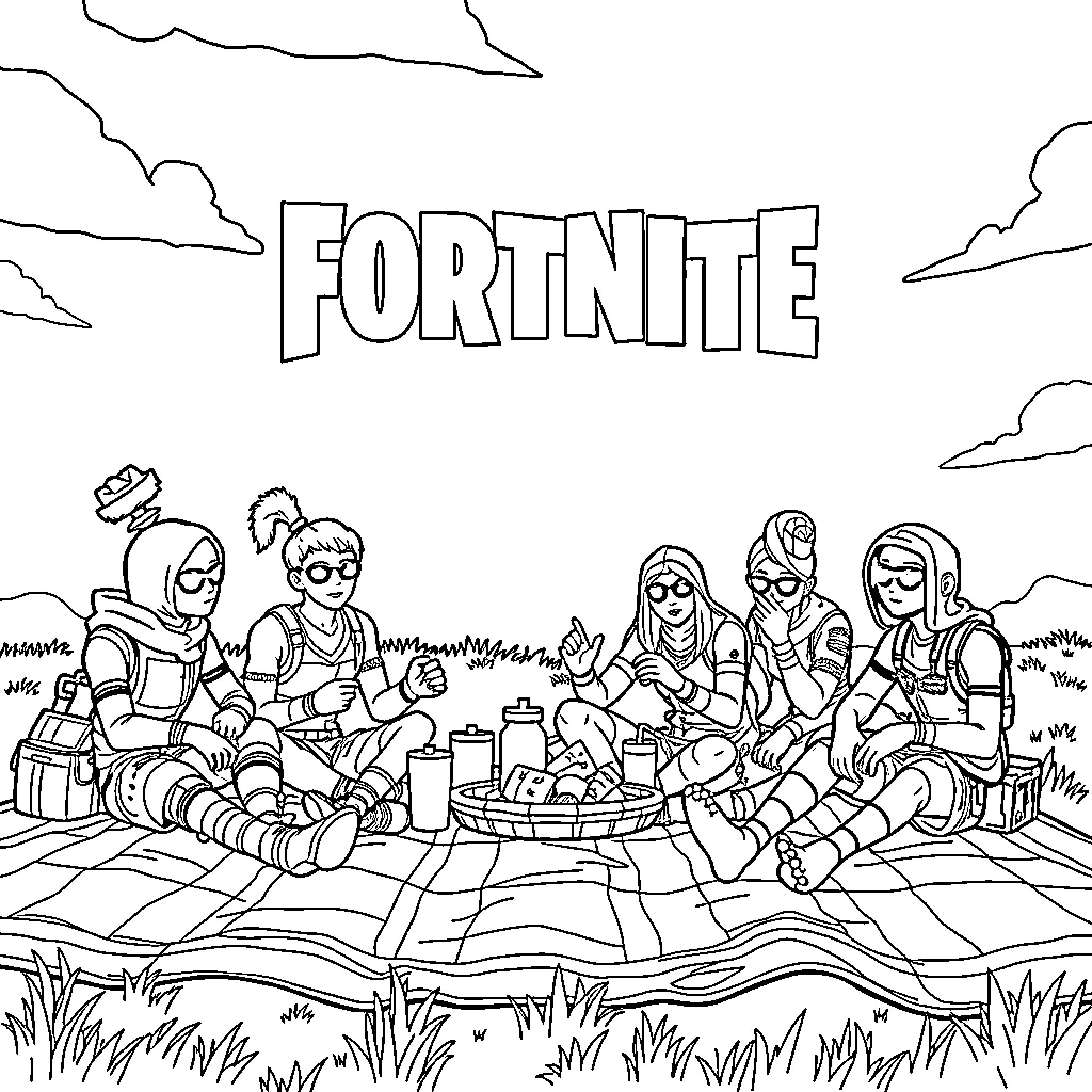 Fortnite Character Friends Having Picnic Outdoors Coloring Page (free black-and-white line drawing printable PDF for all, from beginners to advanced learners, including children, teens, adults, and seniors)