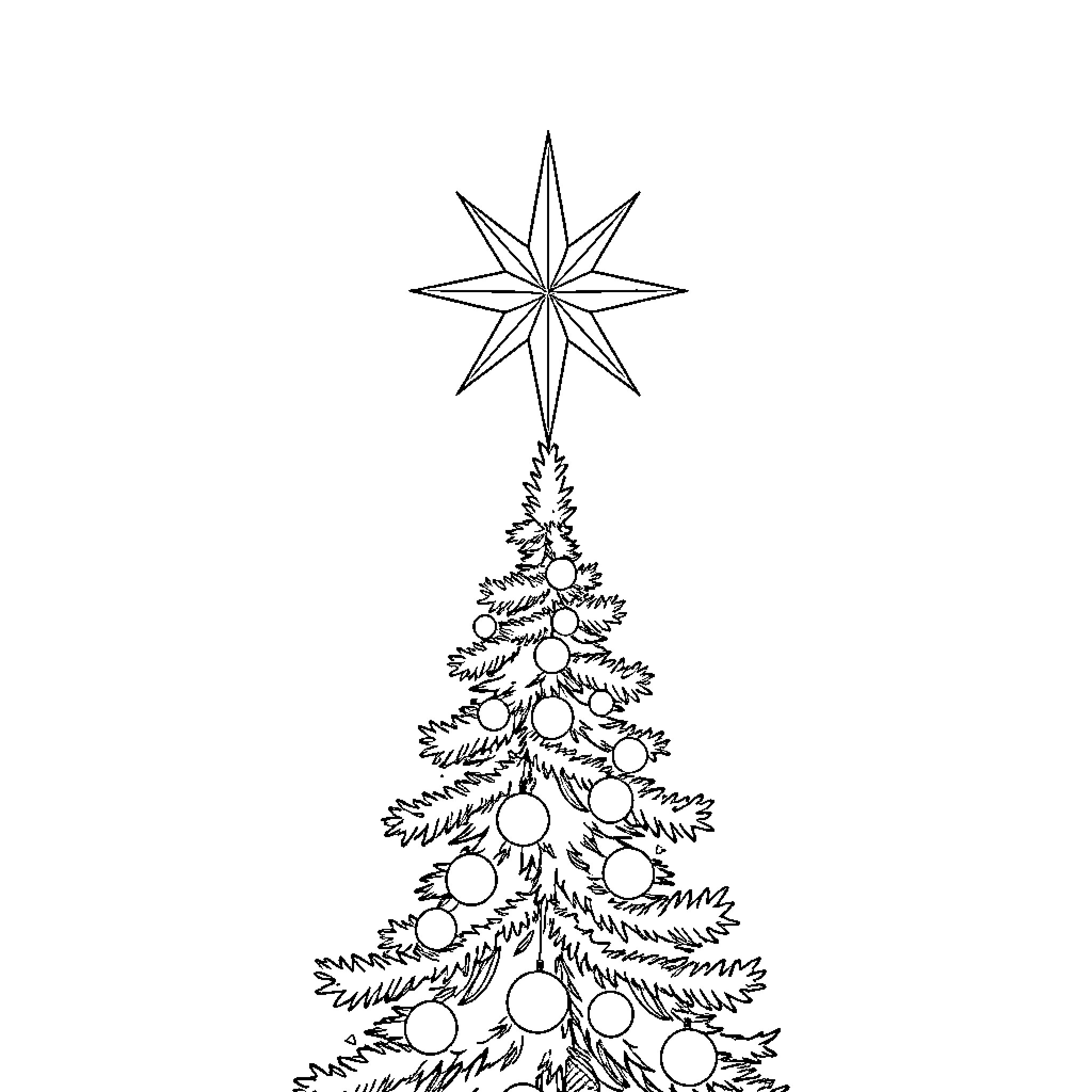 Star-topped Christmas tree with ornaments Coloring Page (free black-and-white line drawing printable PDF for all, from beginners to advanced learners, including children, teens, adults, and seniors)