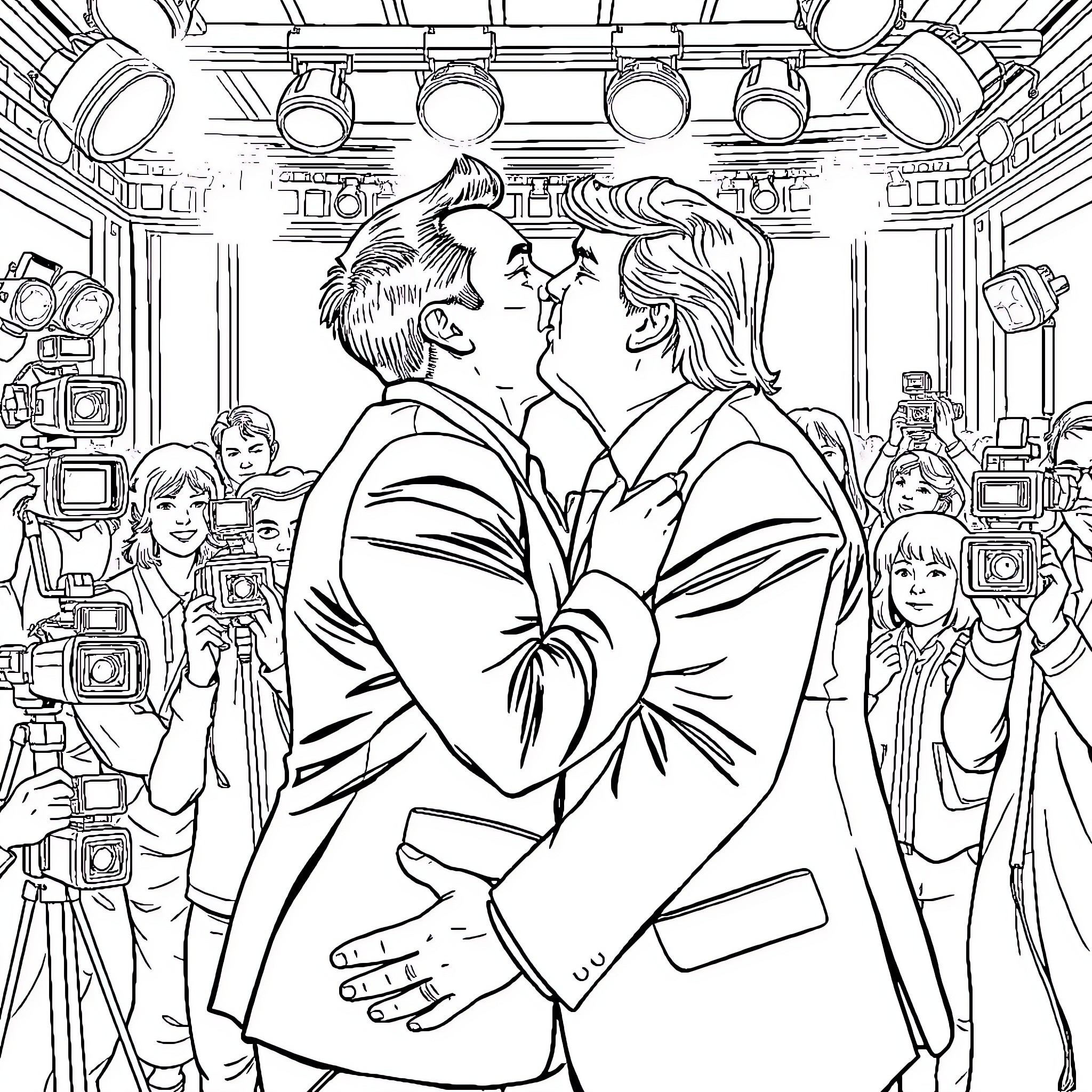 Elon Musk and close friend at media event Coloring Page (free black-and-white line drawing printable PDF for all, from beginners to advanced learners, including children, teens, adults, and seniors)