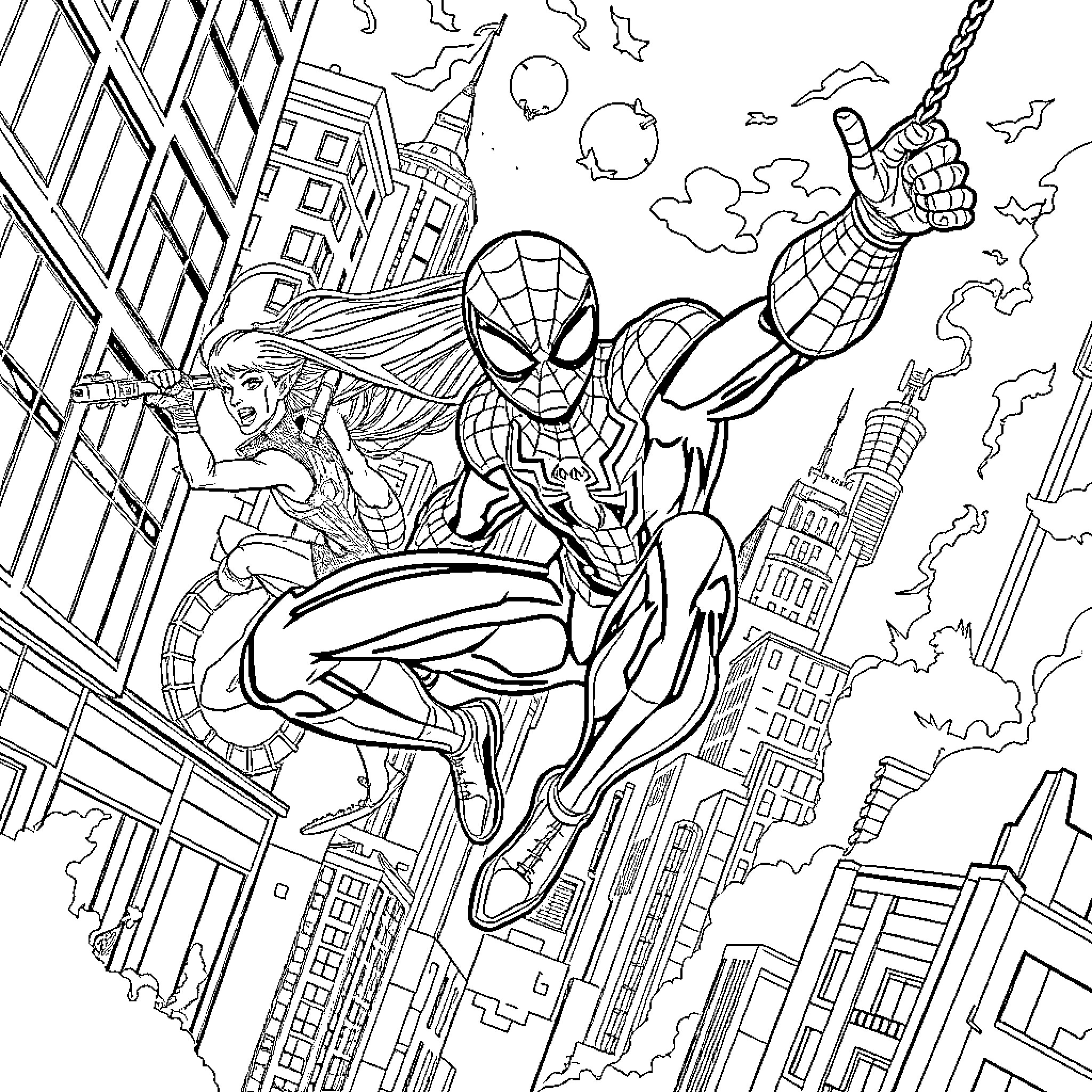 Spider-Man swinging through the city skyline Coloring Page (free black-and-white line drawing printable PDF for all, from beginners to advanced learners, including children, teens, adults, and seniors)