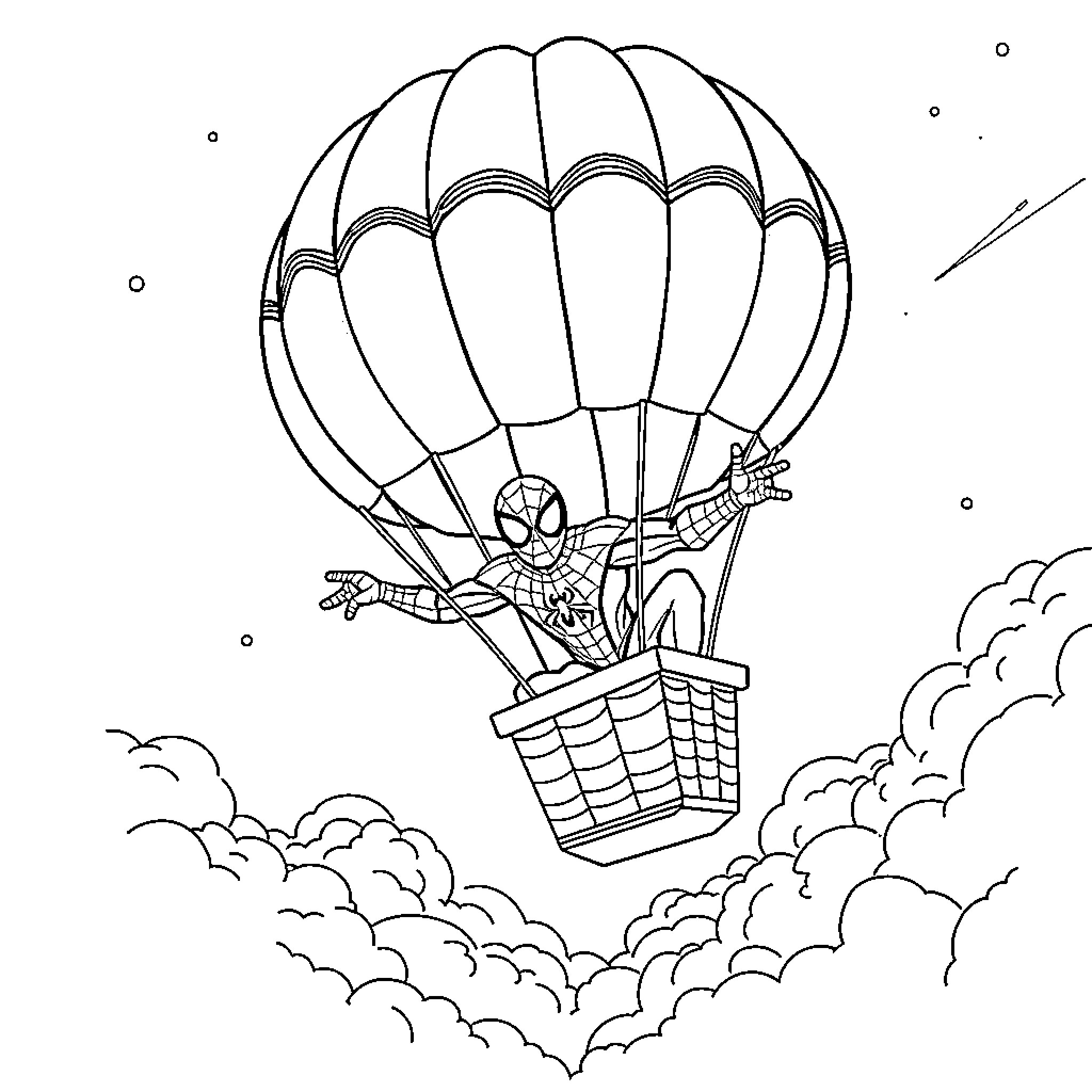 Spider-Man soaring in a parachute above the clouds Coloring Page (free black-and-white line drawing printable PDF for all, from beginners to advanced learners, including children, teens, adults, and seniors)