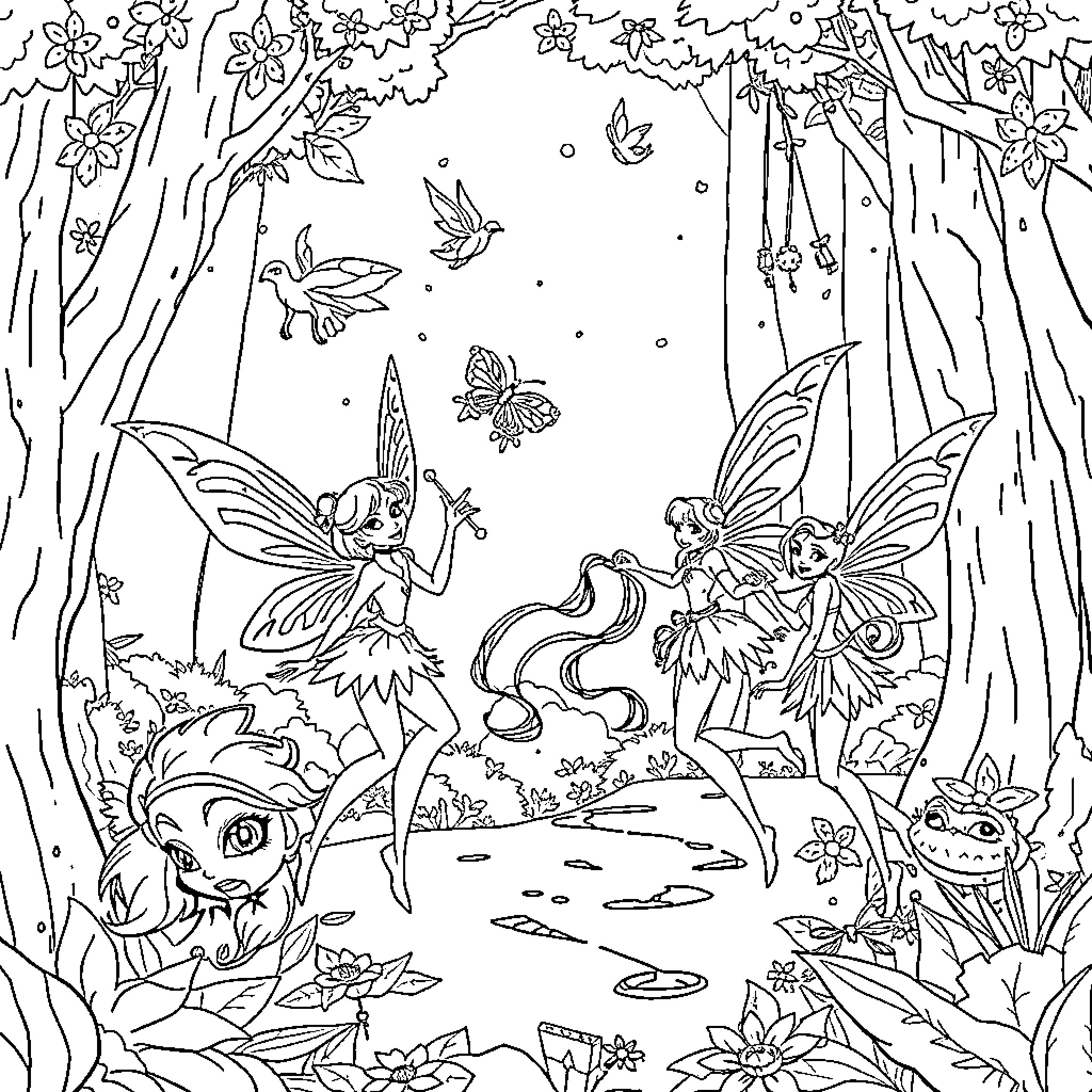 Winx Club fairies dancing in the enchanted forest Coloring Page (free black-and-white line drawing printable PDF for all, from beginners to advanced learners, including children, teens, adults, and seniors)
