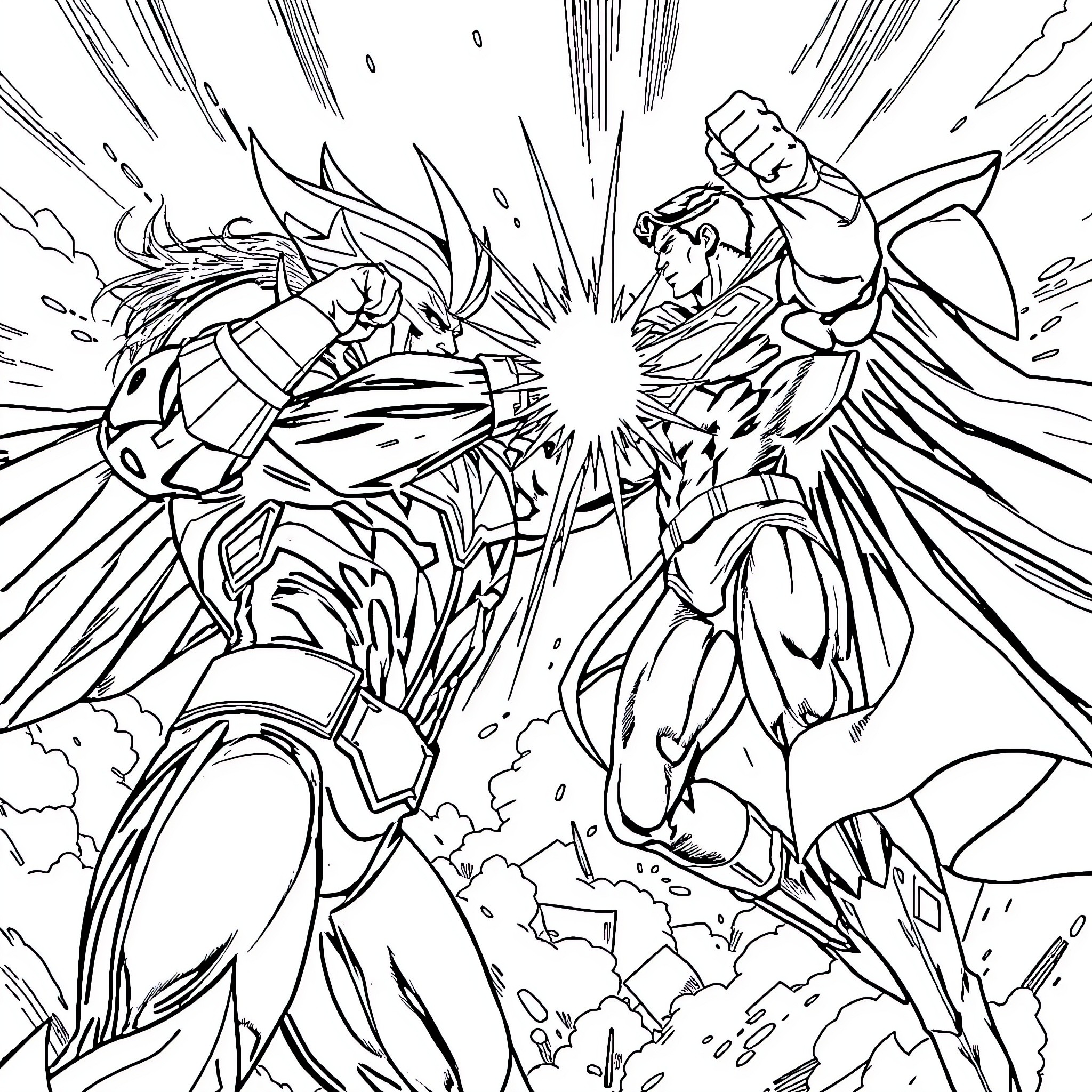 All Might's Heroic Clash with a Formidable Foe Coloring Page (free black-and-white line drawing printable PDF for all, from beginners to advanced learners, including children, teens, adults, and seniors)