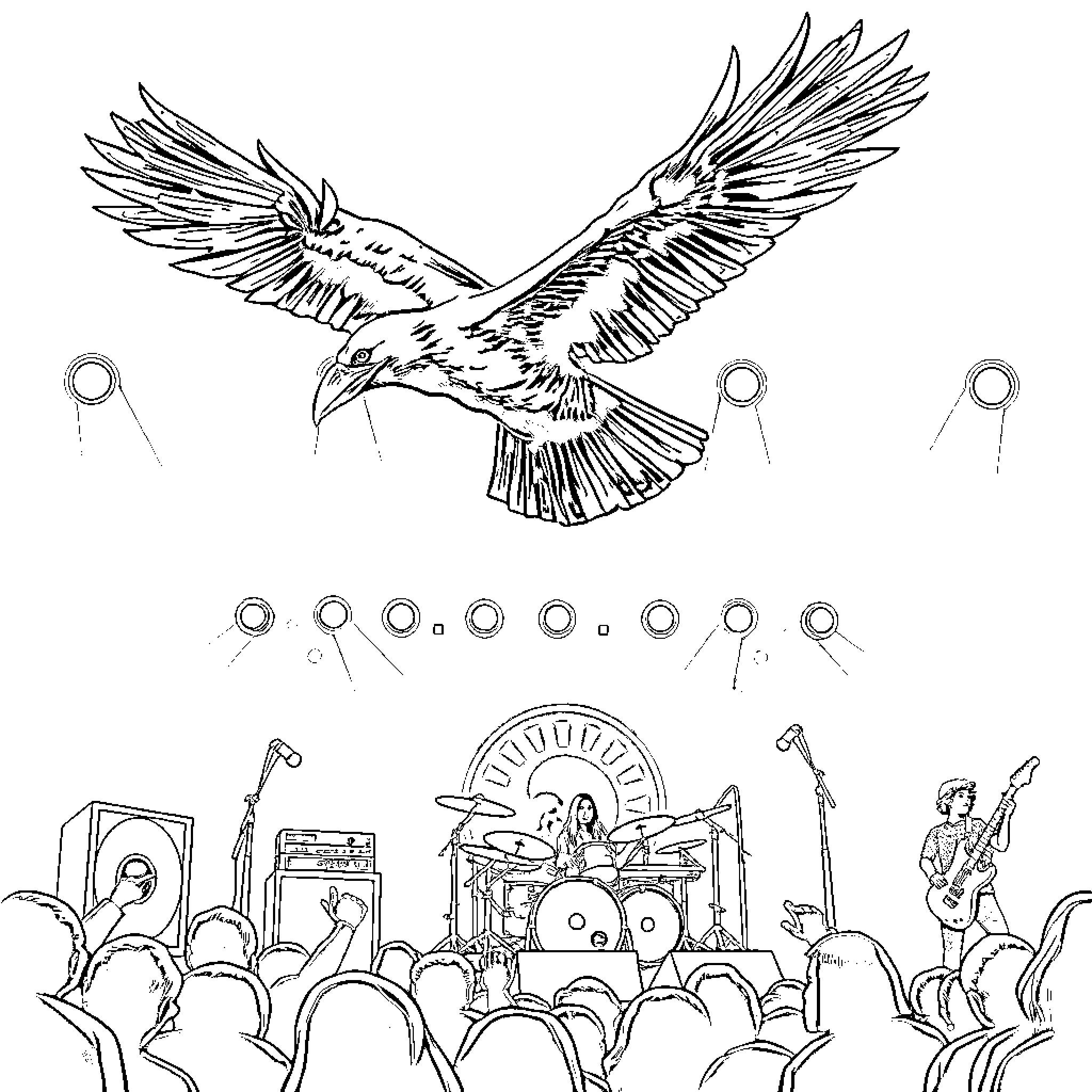 Crow soaring over a lively rock concert Coloring Page (free black-and-white line drawing printable PDF for all, from beginners to advanced learners, including children, teens, adults, and seniors)