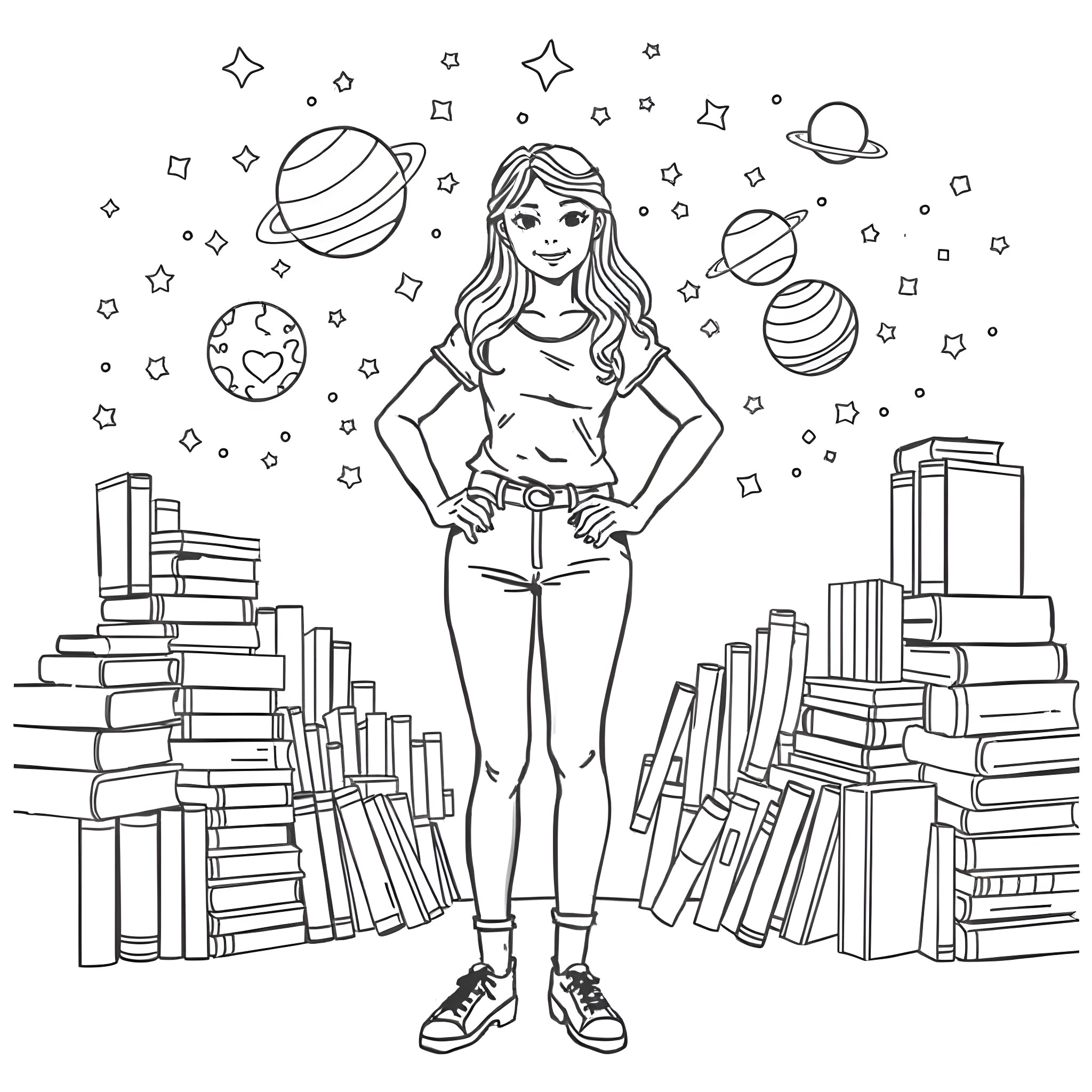 Sarah C. surrounded by books and space elements Coloring Page (free black-and-white line drawing printable PDF for all, from beginners to advanced learners, including children, teens, adults, and seniors)