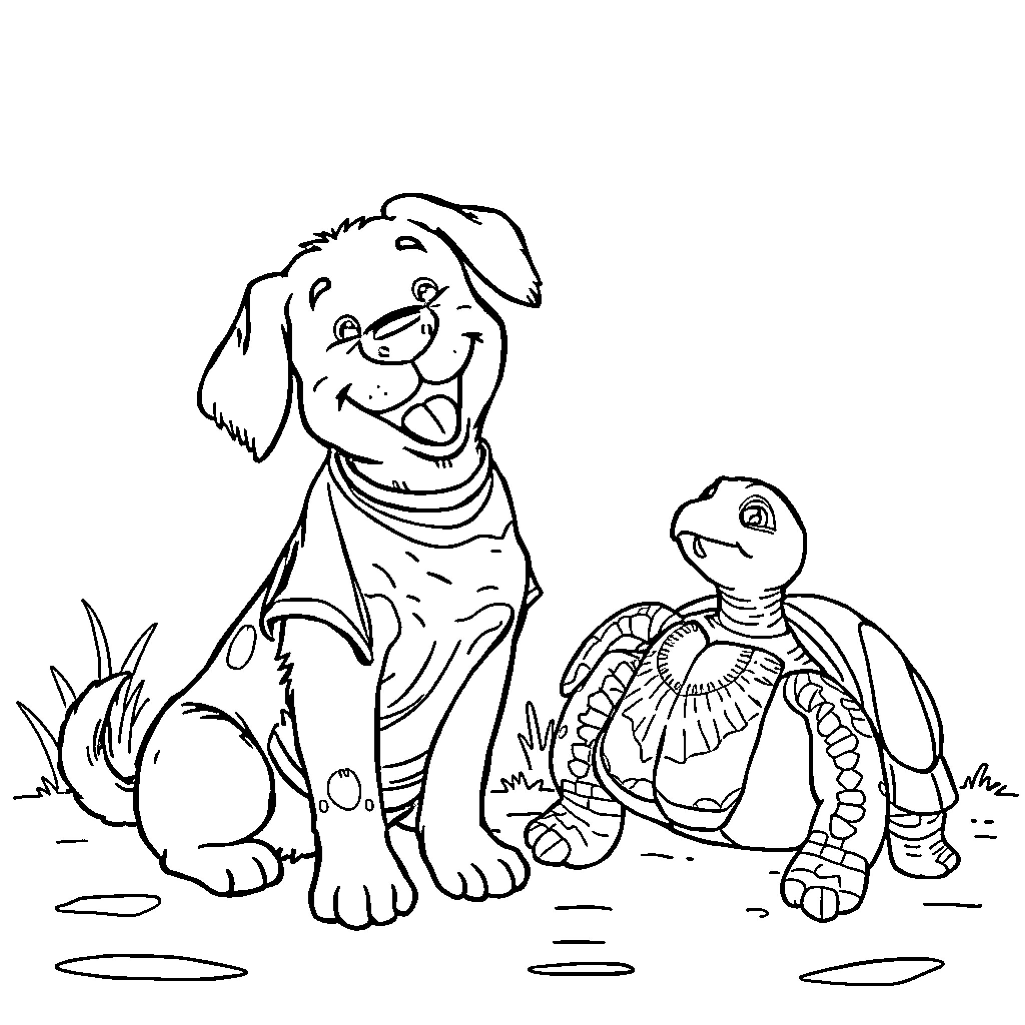 Dog and reptile playing together in the grass Coloring Page (free black-and-white line drawing printable PDF for all, from beginners to advanced learners, including children, teens, adults, and seniors)