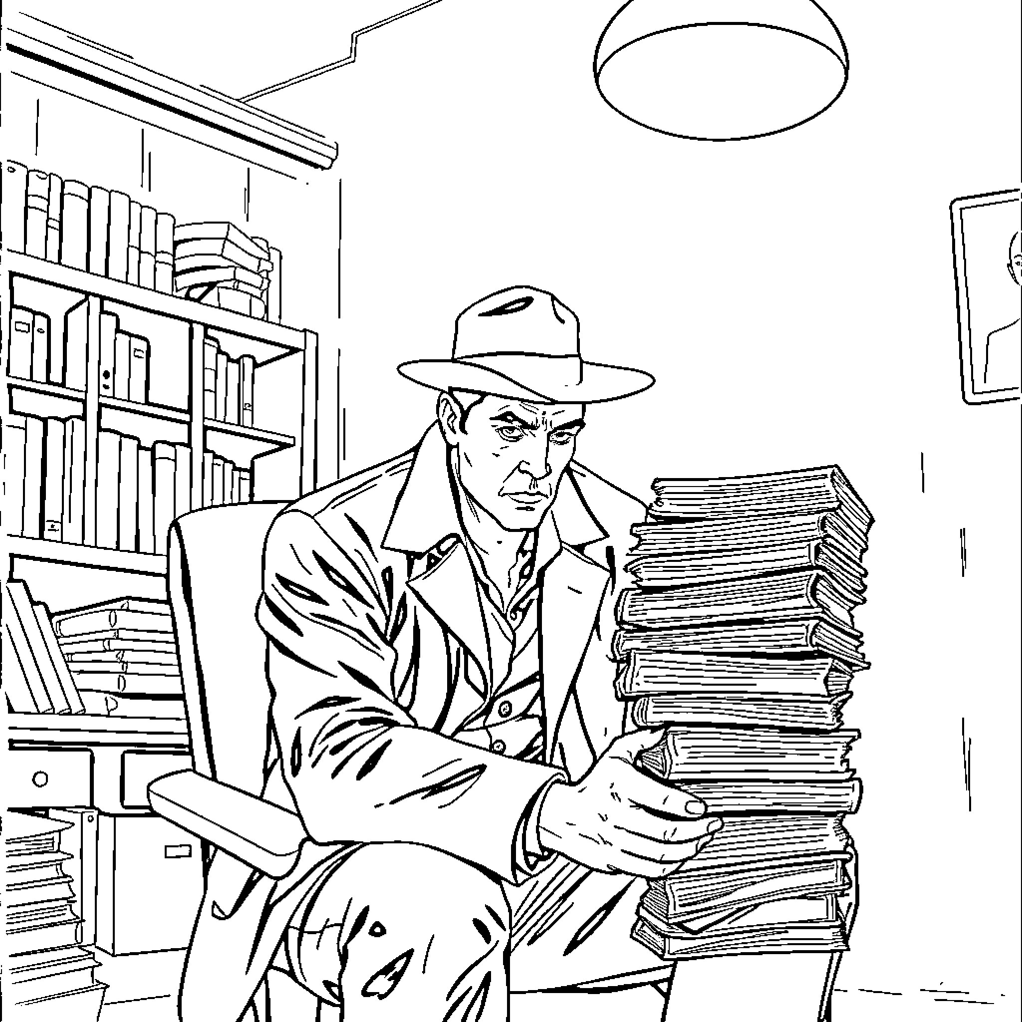 Detective examines stack of files in study Coloring Page (free black-and-white line drawing printable PDF for all, from beginners to advanced learners, including children, teens, adults, and seniors)