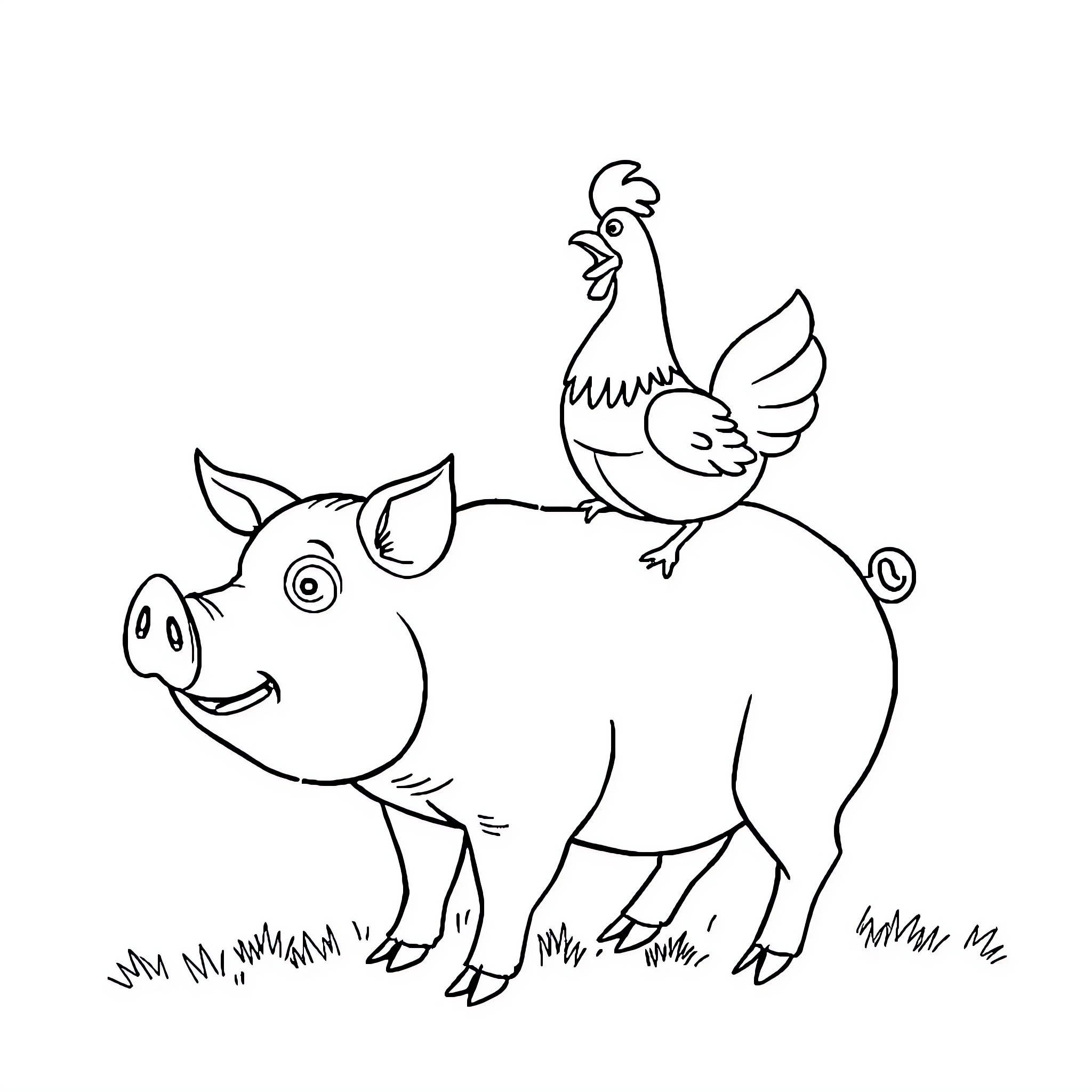 Chicken riding happily on a pig Coloring Page (free black-and-white line drawing printable PDF for all, from beginners to advanced learners, including children, teens, adults, and seniors)