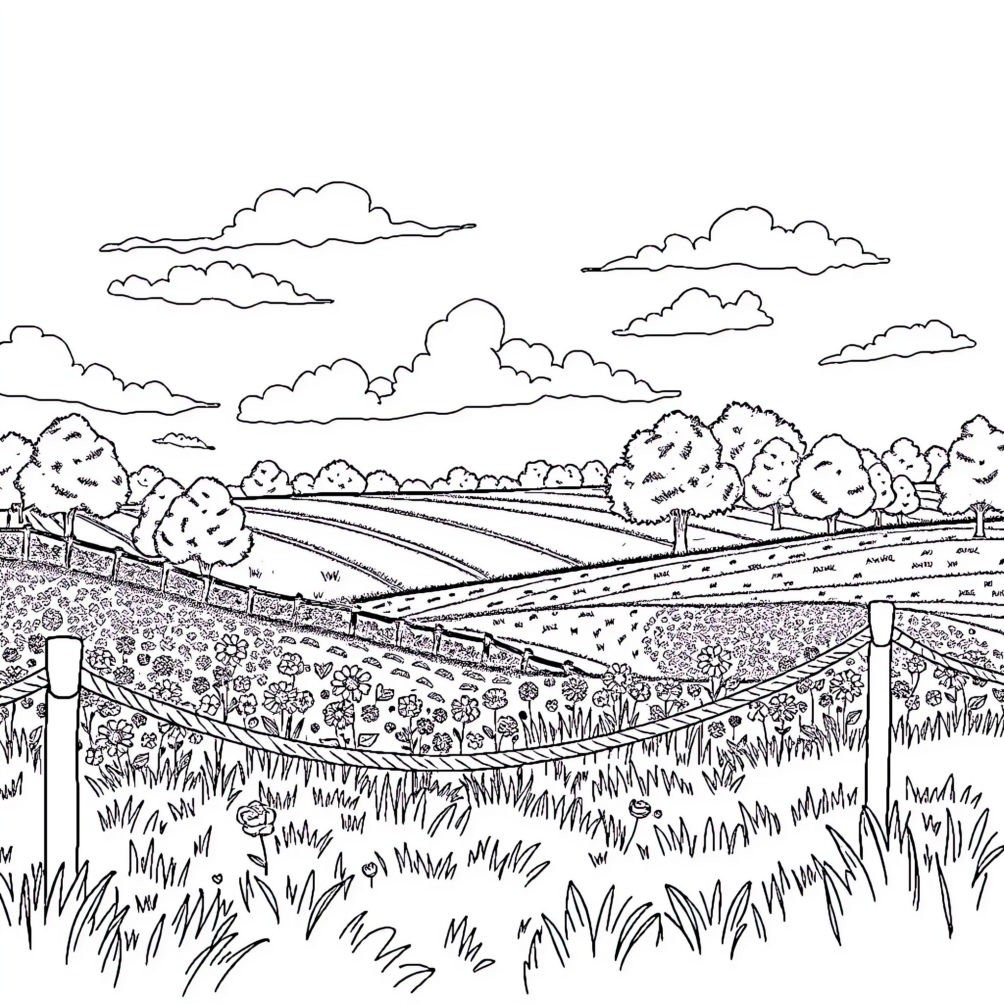 Anime landscape with serene countryside scenery Coloring Page (free black-and-white line drawing printable PDF for all, from beginners to advanced learners, including children, teens, adults, and seniors)