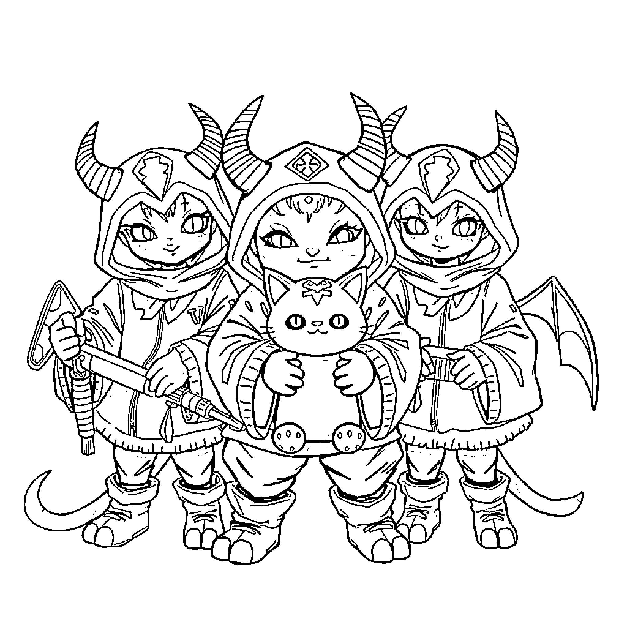 Demon Hunters Posing with Fierce Feline Companion Coloring Page (free black-and-white line drawing printable PDF for all, from beginners to advanced learners, including children, teens, adults, and seniors)