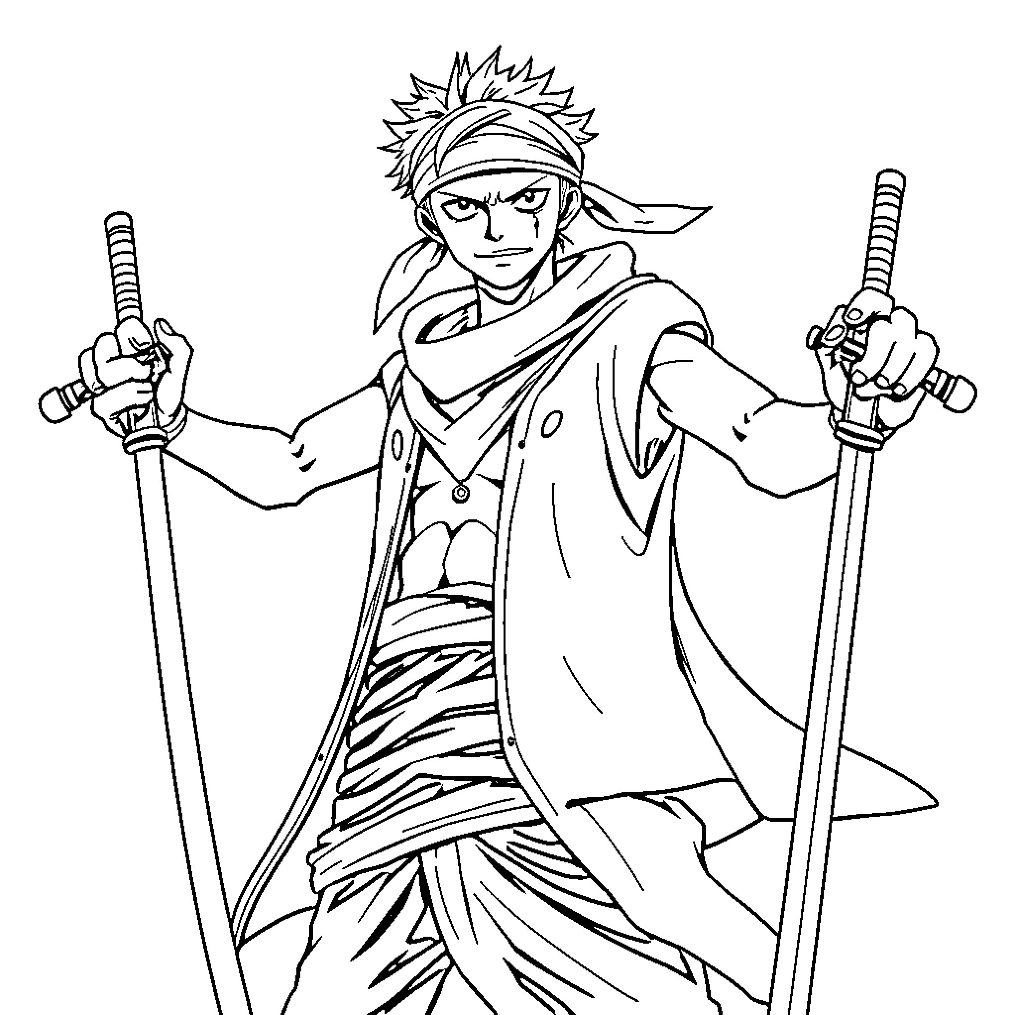 Zoro's Swordsman Stance and Determination Coloring Page (free black-and-white line drawing printable PDF for all, from beginners to advanced learners, including children, teens, adults, and seniors)