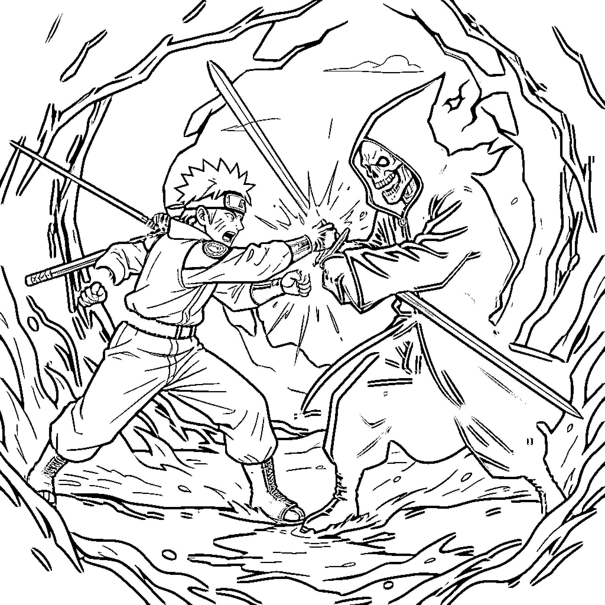 Naruto's Intense Battle in the Storm Coloring Page (free black-and-white line drawing printable PDF for all, from beginners to advanced learners, including children, teens, adults, and seniors)