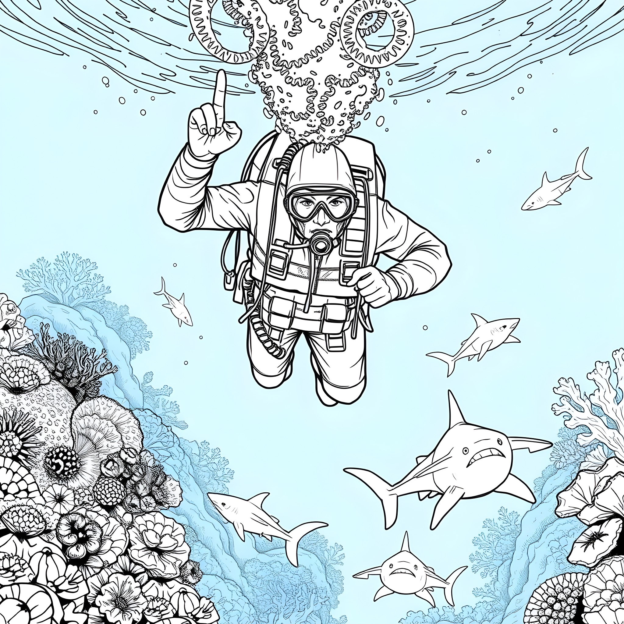 Diver exploring underwater world with marine life Coloring Page (free black-and-white line drawing printable PDF for all, from beginners to advanced learners, including children, teens, adults, and seniors)