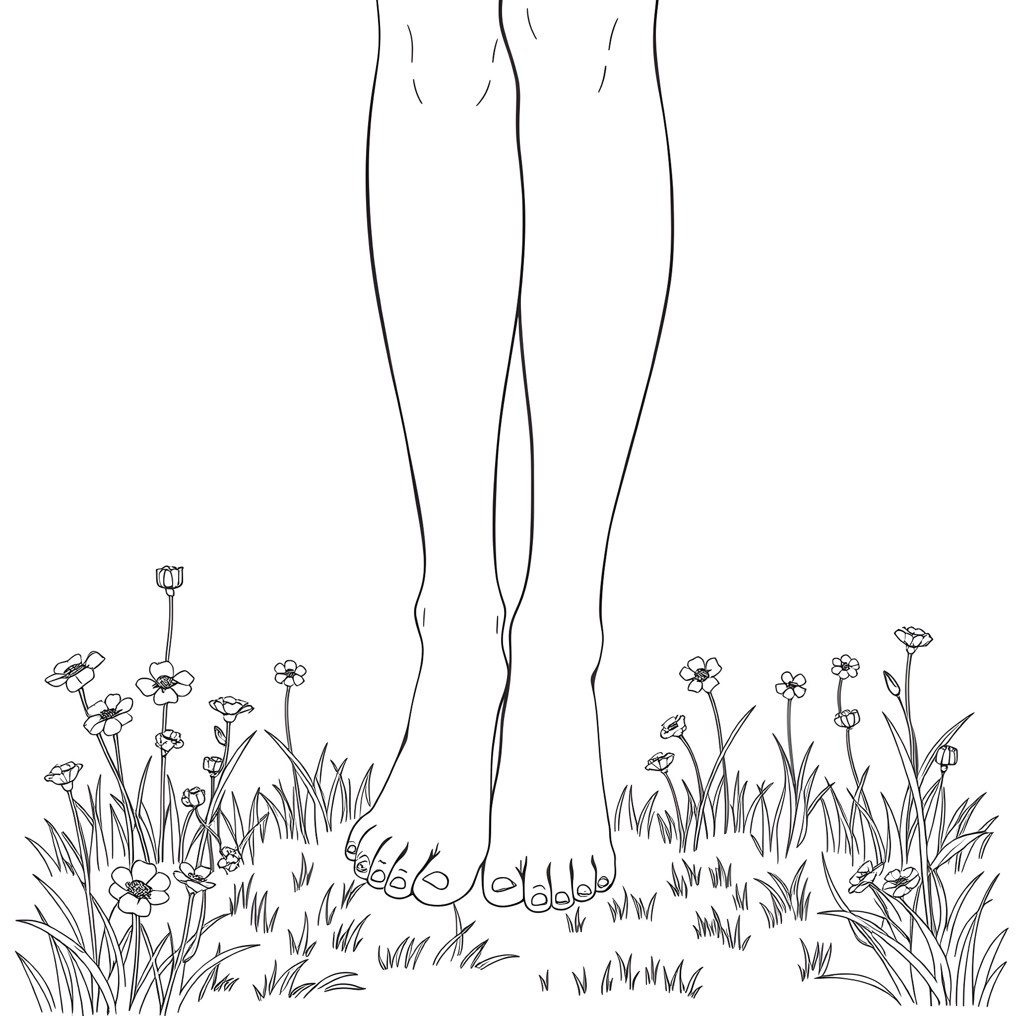 Woman standing on grassy field with flowers Coloring Page (free black-and-white line drawing printable PDF for all, from beginners to advanced learners, including children, teens, adults, and seniors)