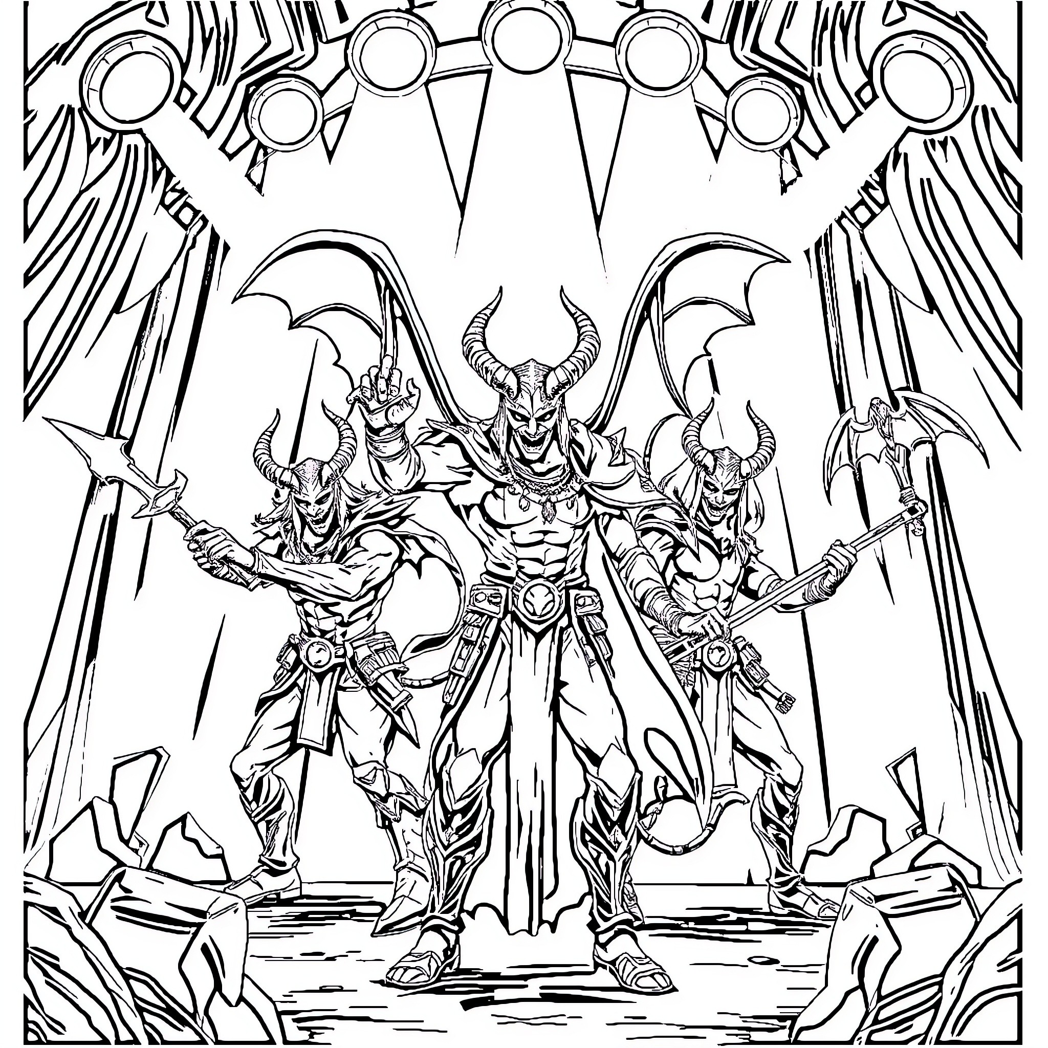 Demon Hunter with Fearsome Warrior Companions Coloring Page (free black-and-white line drawing printable PDF for all, from beginners to advanced learners, including children, teens, adults, and seniors)