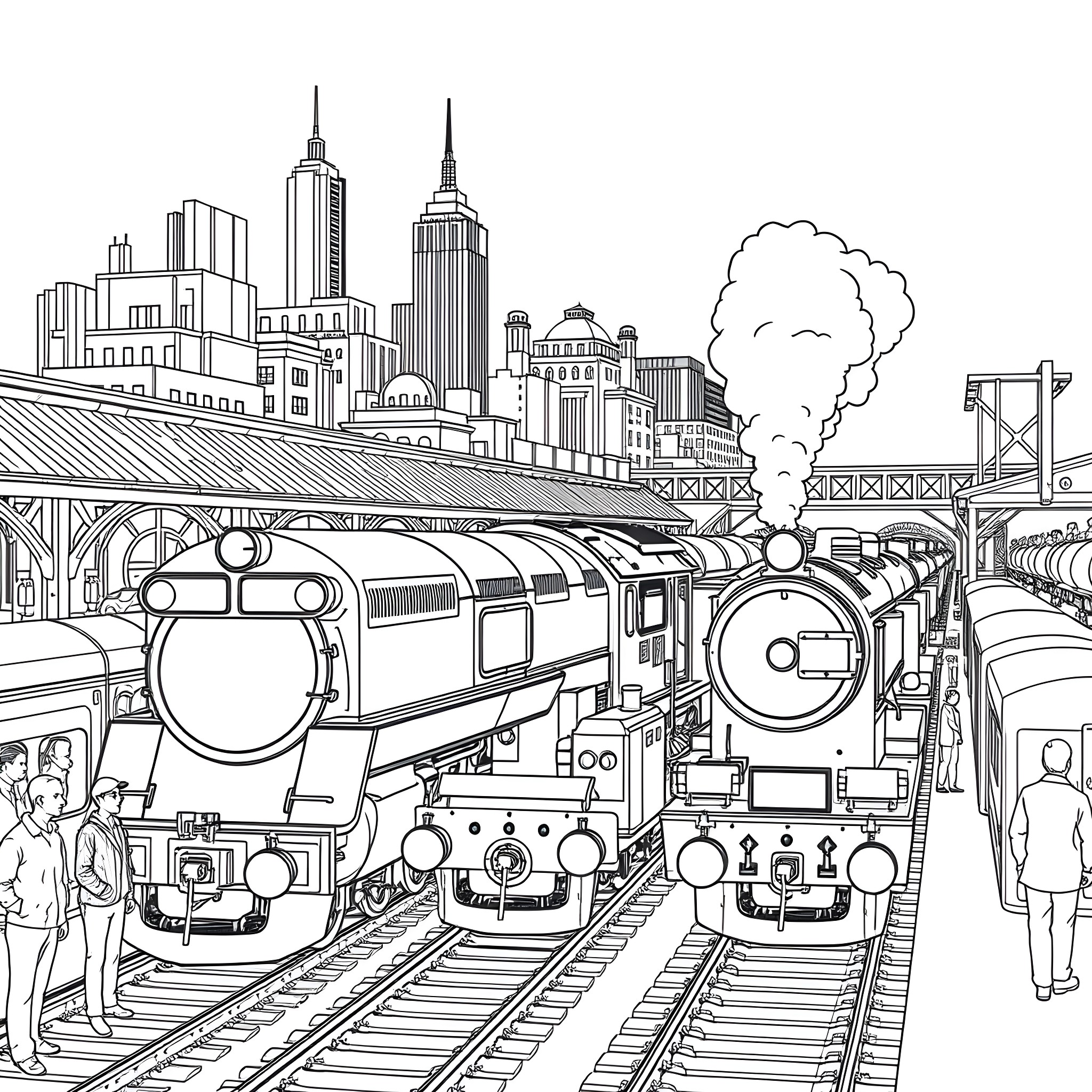 Train Engines Awaiting Departure at Urban Station Coloring Page (free black-and-white line drawing printable PDF for all, from beginners to advanced learners, including children, teens, adults, and seniors)