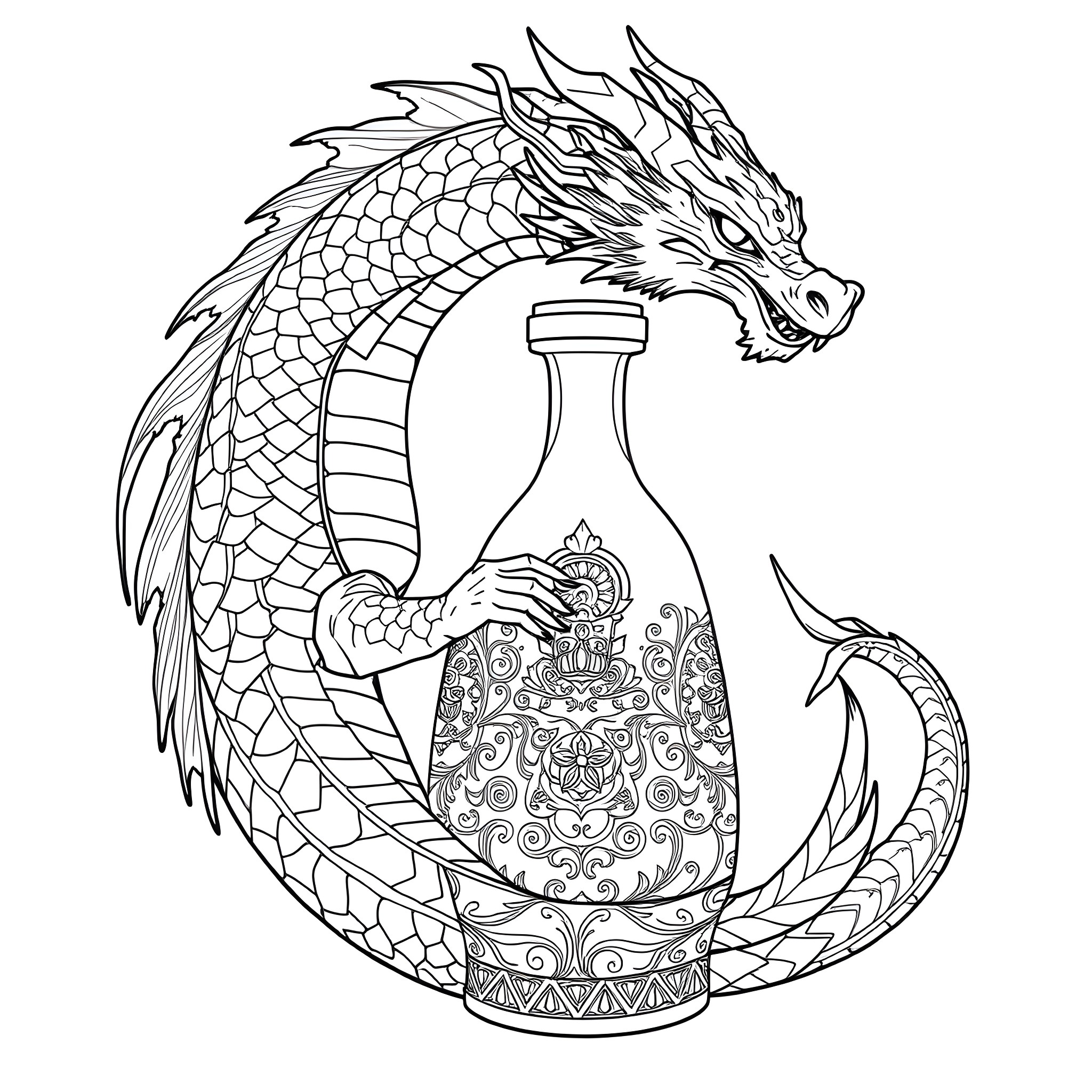 Dragon holding ornate potion bottle Coloring Page (free black-and-white line drawing printable PDF for all, from beginners to advanced learners, including children, teens, adults, and seniors)