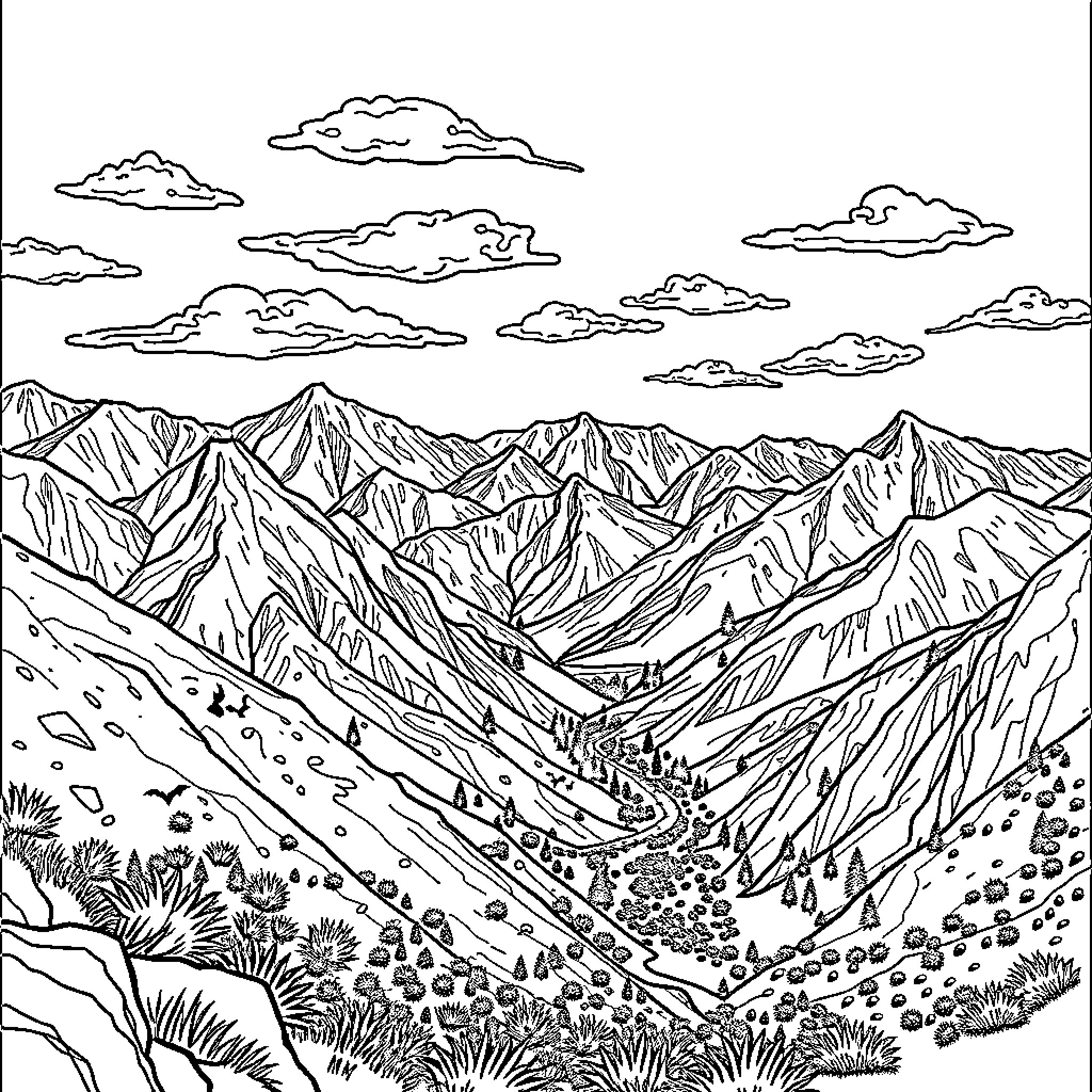 Kurdistan Mountainous Landscape with Cloudy Skies Coloring Page (free black-and-white line drawing printable PDF for all, from beginners to advanced learners, including children, teens, adults, and seniors)