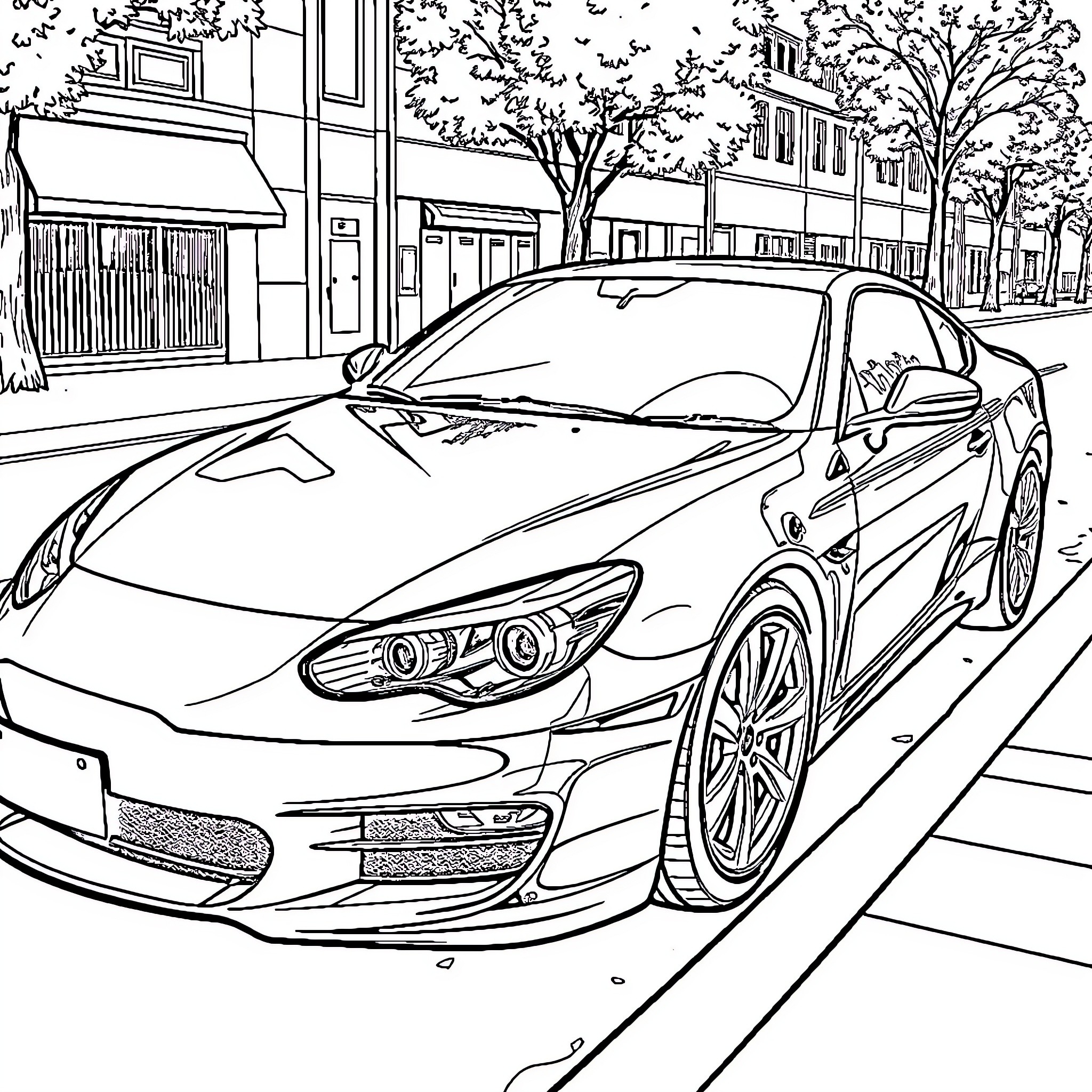 Car parked on a city street with trees Coloring Page (free black-and-white line drawing printable PDF for all, from beginners to advanced learners, including children, teens, adults, and seniors)